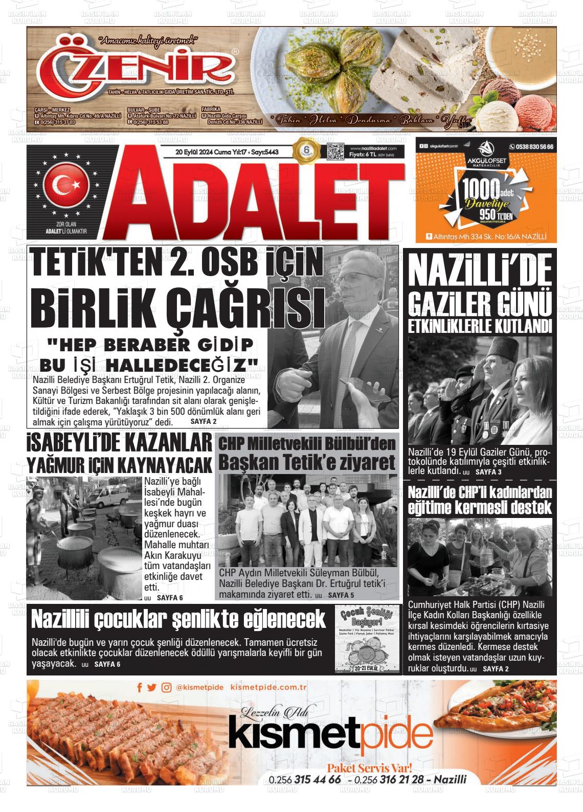 20 Eylül 2024 Nazilli Adalet Gazete Manşeti