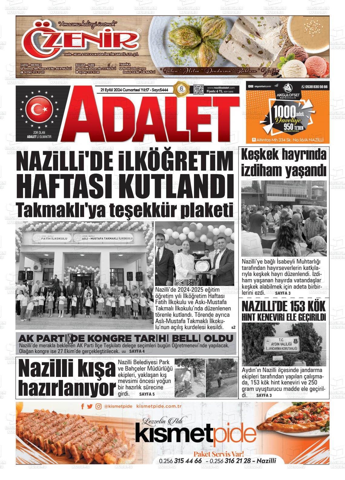 21 Eylül 2024 Nazilli Adalet Gazete Manşeti