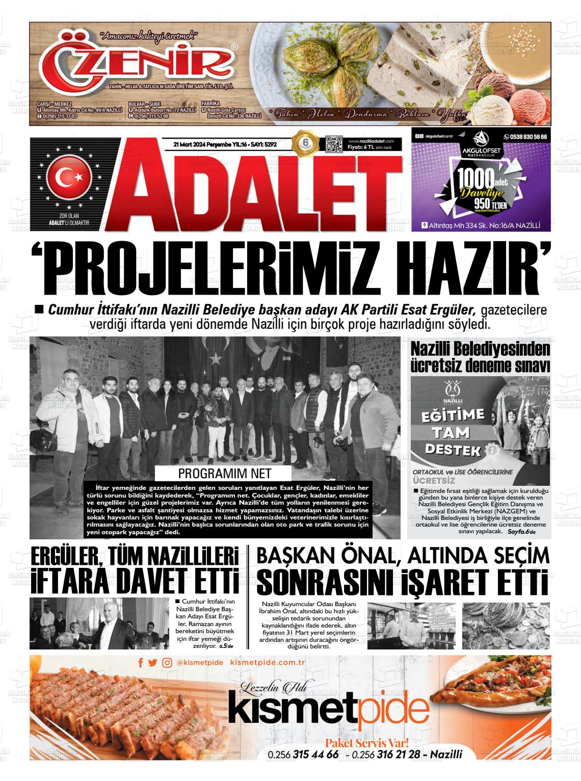 21 Mart 2024 Nazilli Adalet Gazete Manşeti