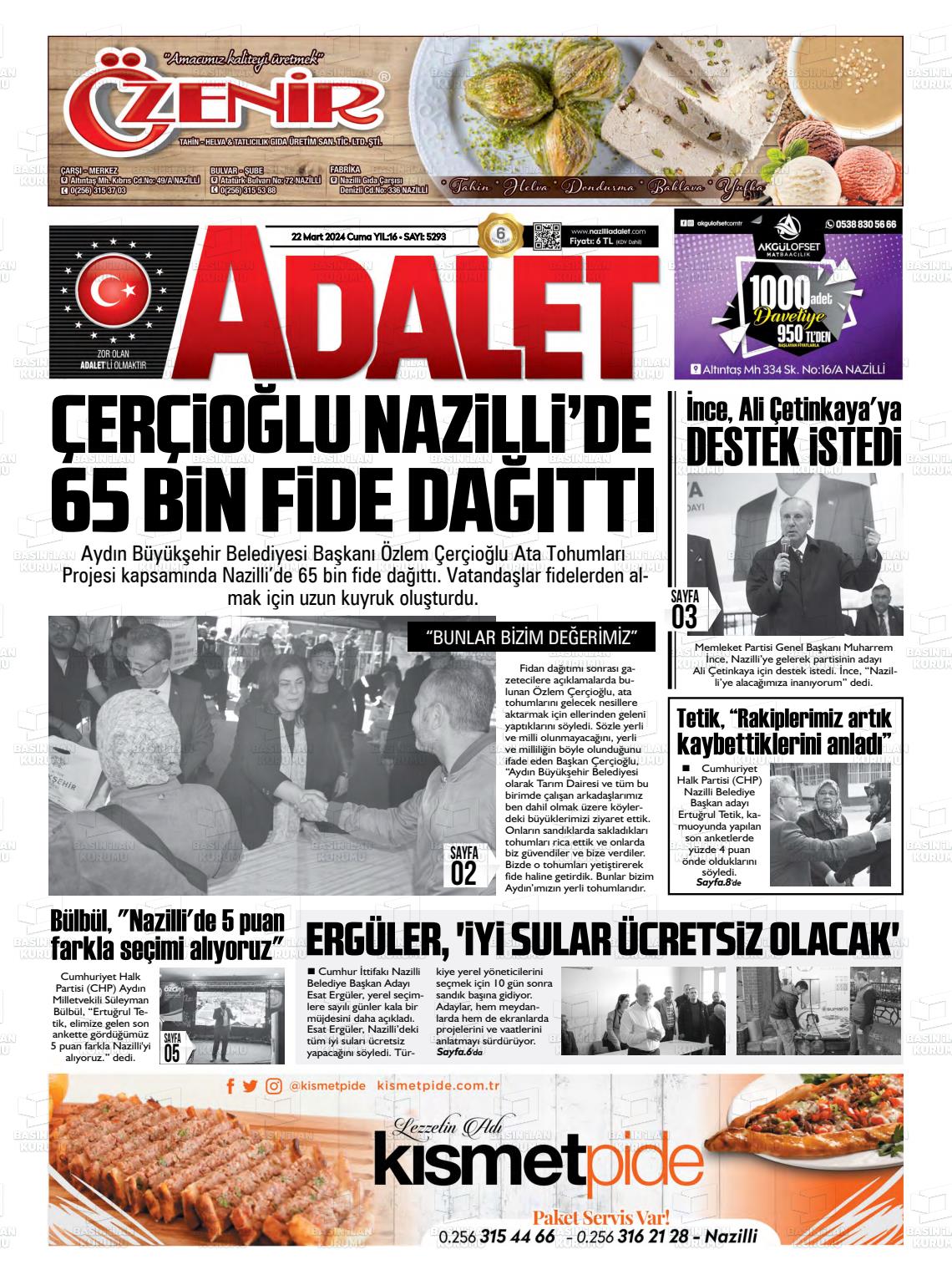 22 Mart 2024 Nazilli Adalet Gazete Manşeti