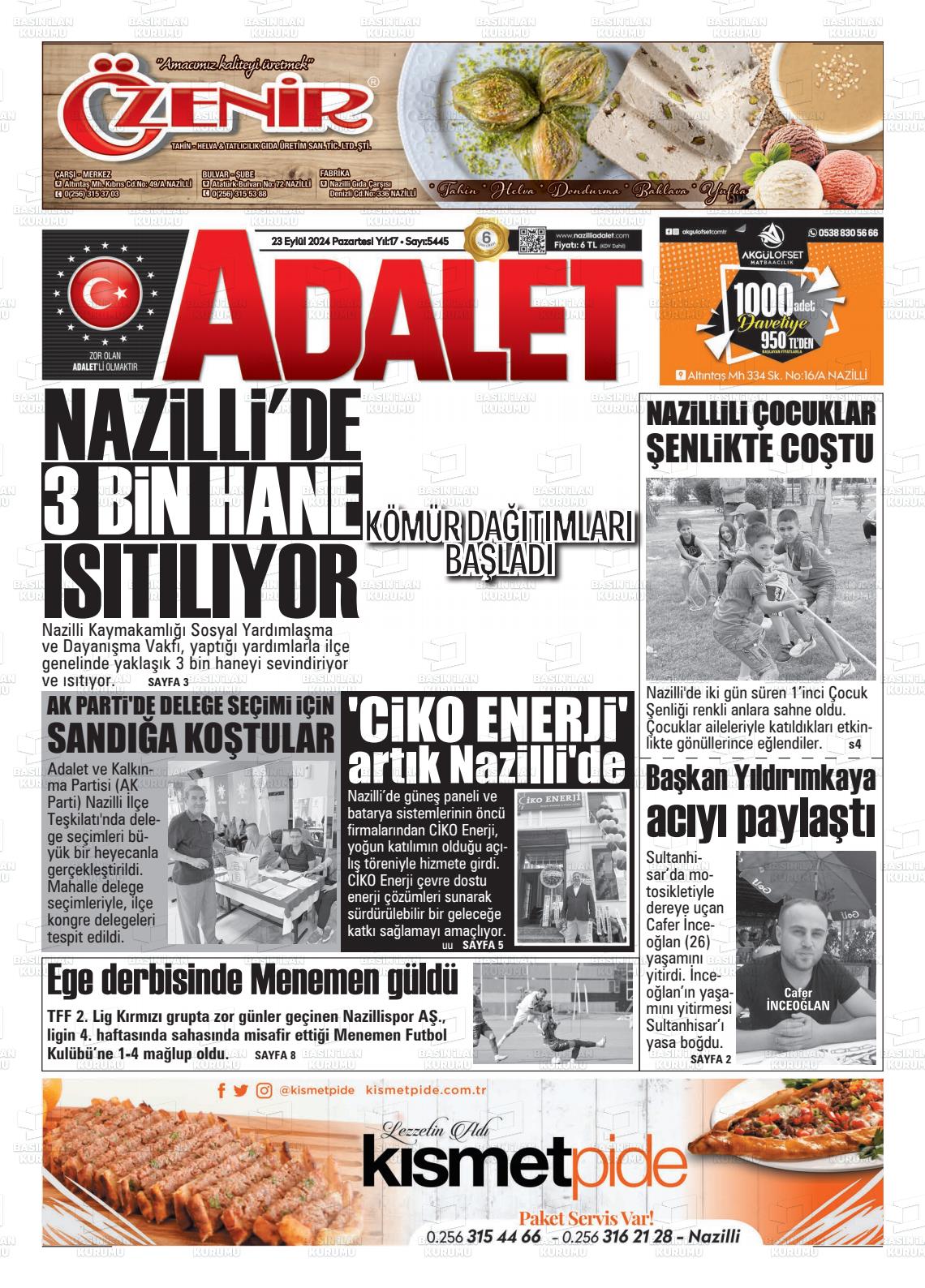 23 Eylül 2024 Nazilli Adalet Gazete Manşeti