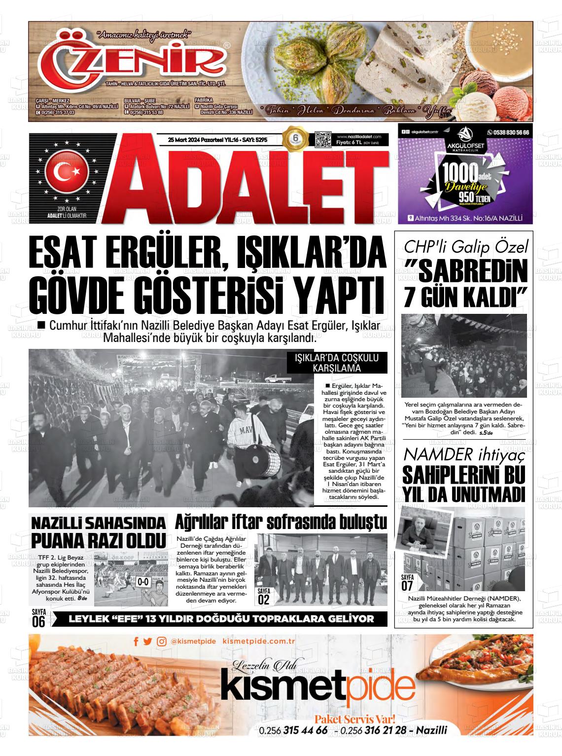 25 Mart 2024 Nazilli Adalet Gazete Manşeti