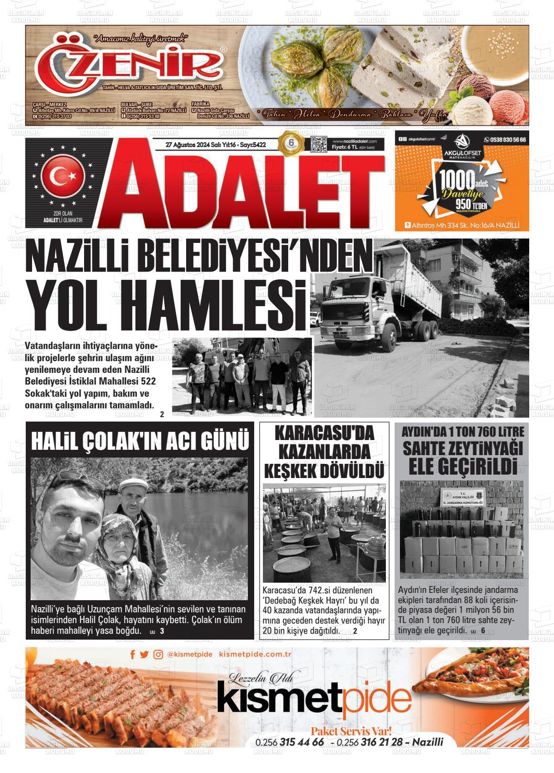 27 Ağustos 2024 Nazilli Adalet Gazete Manşeti