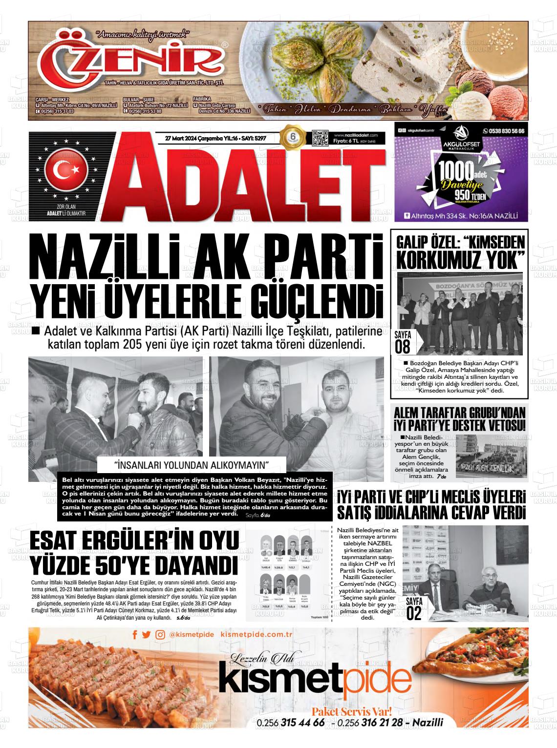 27 Mart 2024 Nazilli Adalet Gazete Manşeti