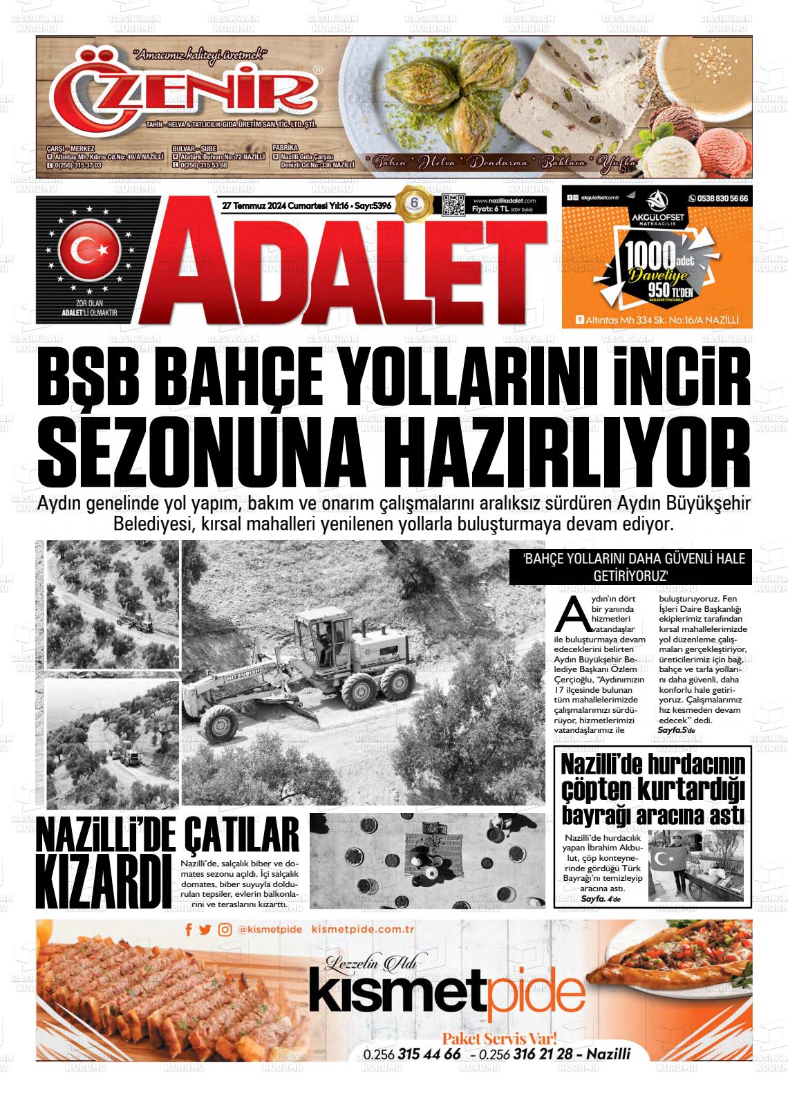 27 Temmuz 2024 Nazilli Adalet Gazete Manşeti