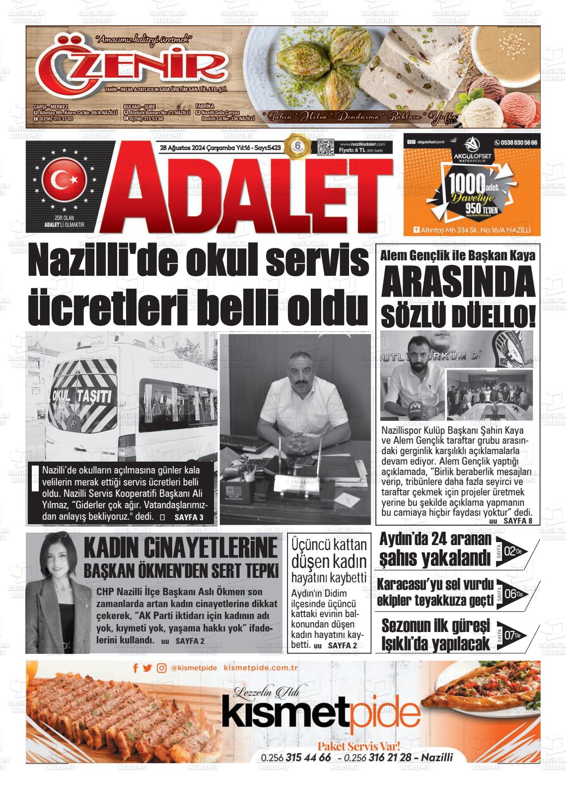 28 Ağustos 2024 Nazilli Adalet Gazete Manşeti