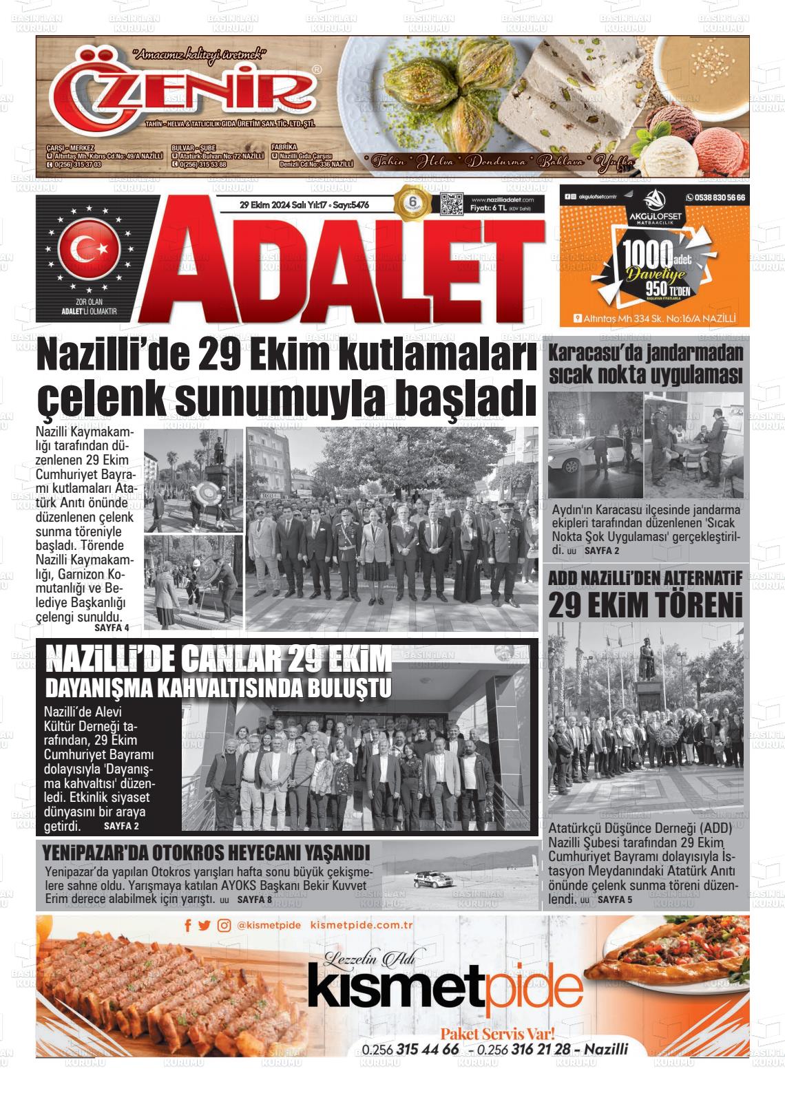 29 Ekim 2024 Nazilli Adalet Gazete Manşeti