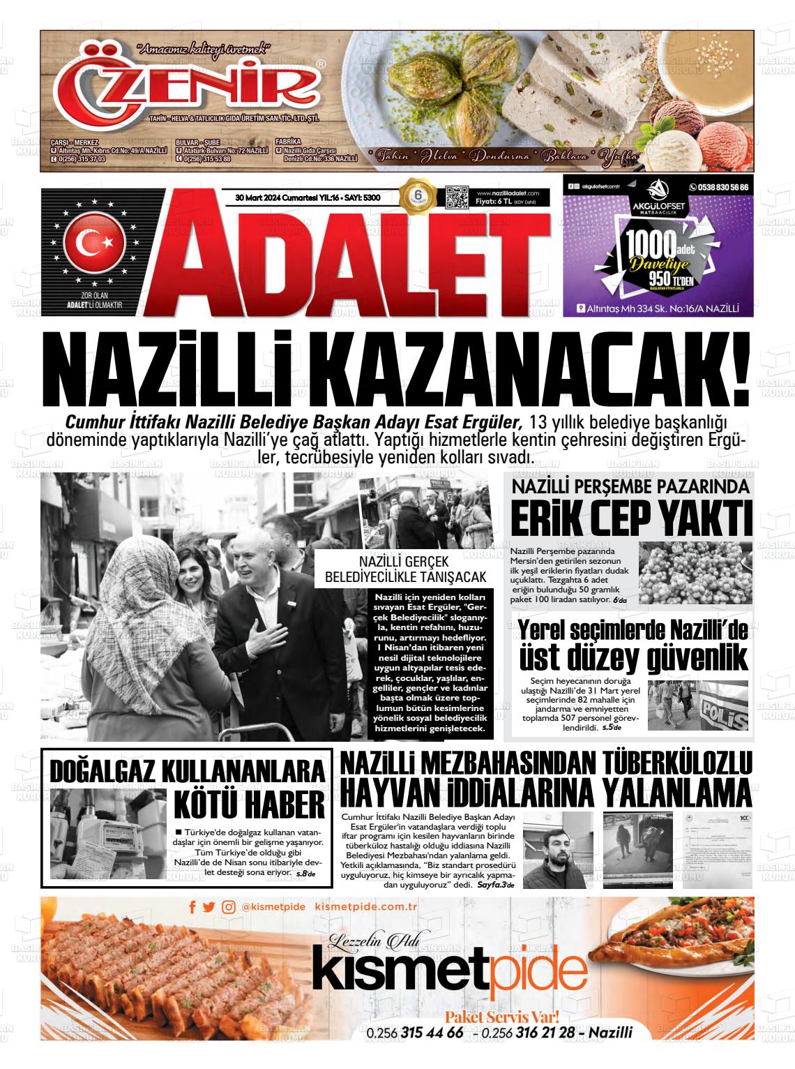 30 Mart 2024 Nazilli Adalet Gazete Manşeti