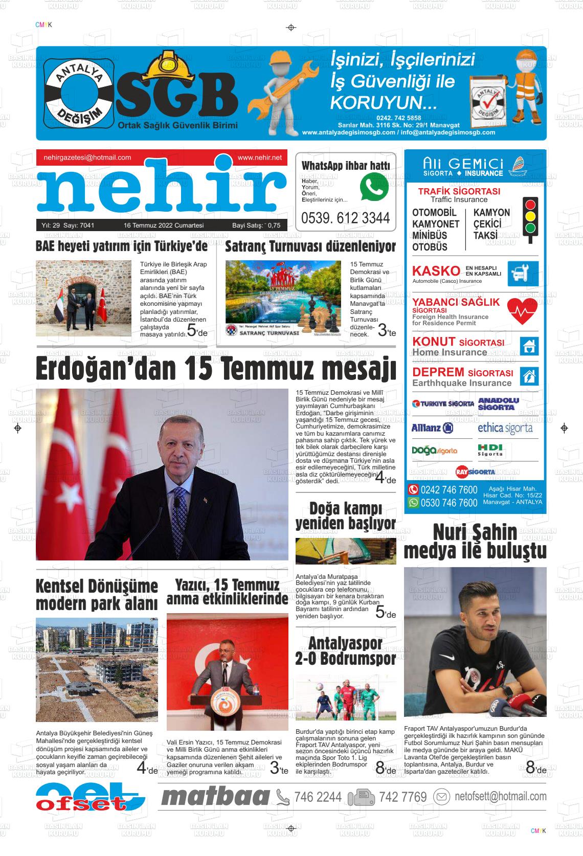 16 Temmuz 2022 Nehir Gazete Manşeti