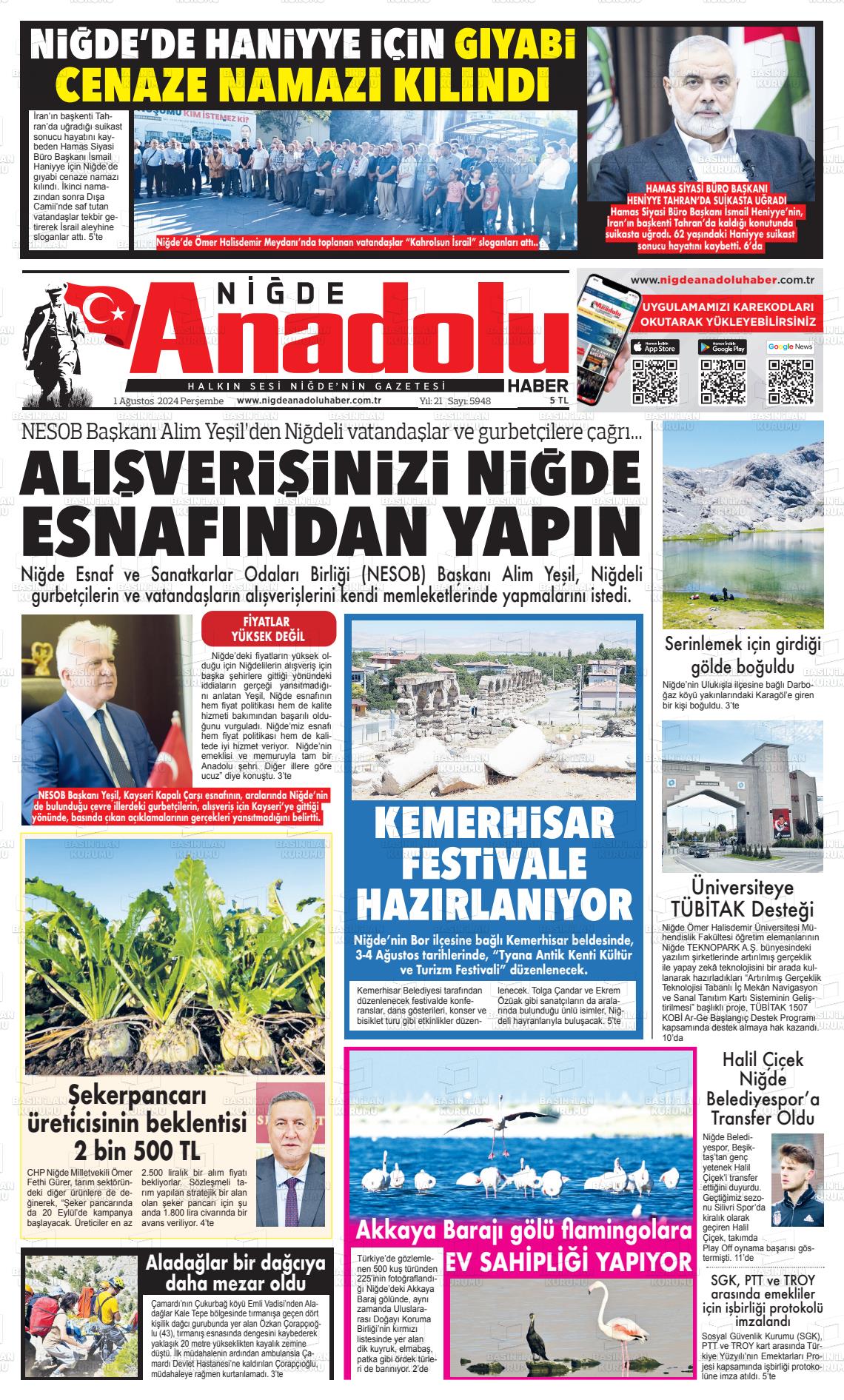 01 Ağustos 2024 Niğde Anadolu Haber Gazete Manşeti