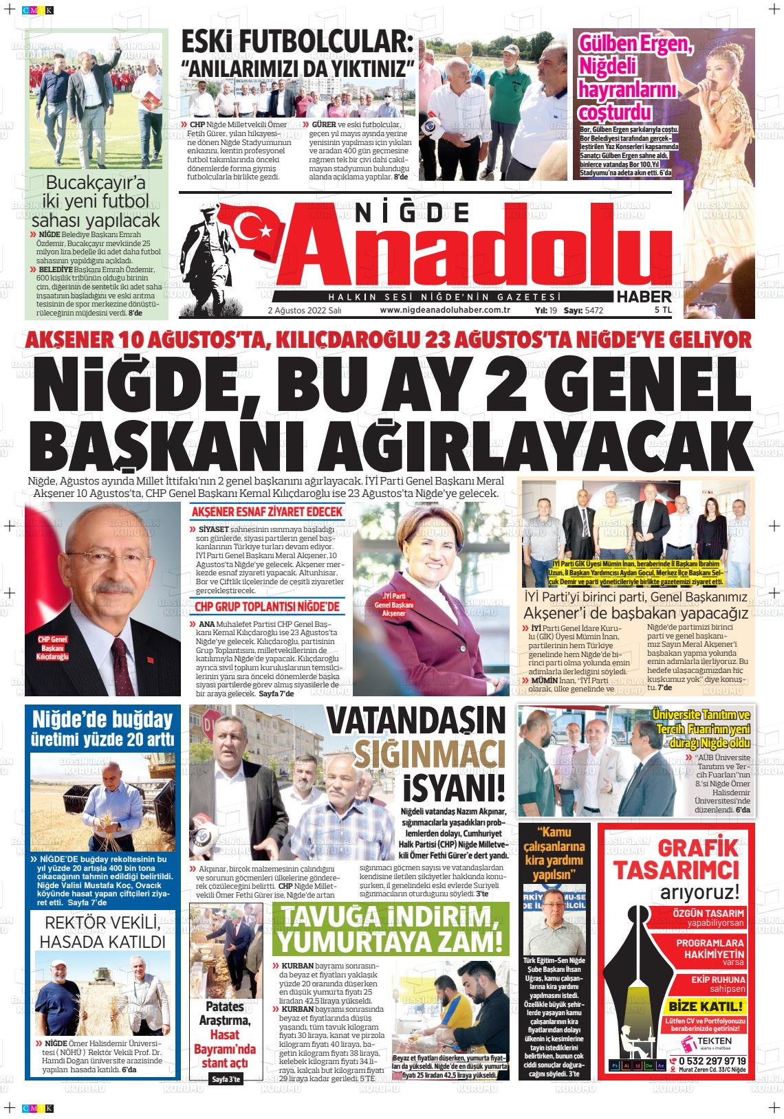 02 Ağustos 2022 Niğde Anadolu Haber Gazete Manşeti