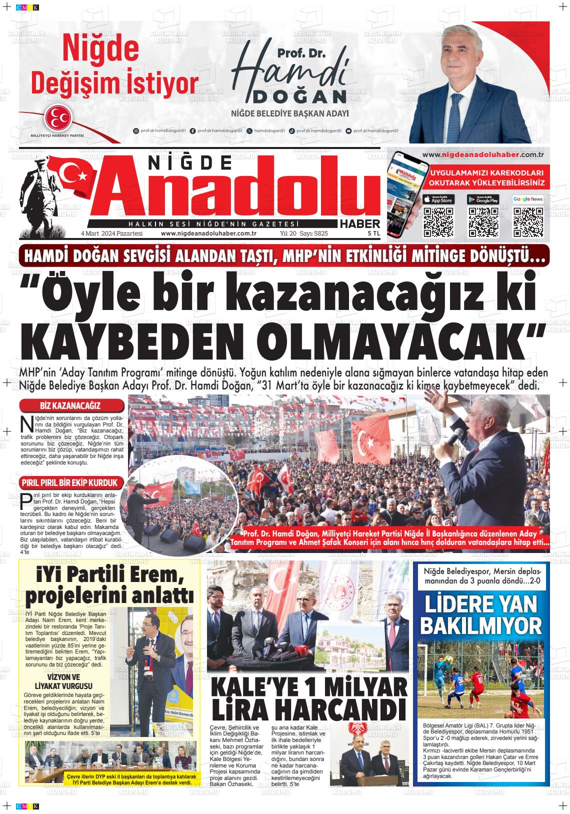 04 Mart 2024 Niğde Anadolu Haber Gazete Manşeti