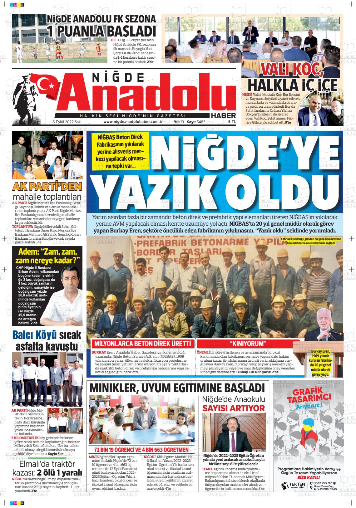 06 Eylül 2022 Niğde Anadolu Haber Gazete Manşeti