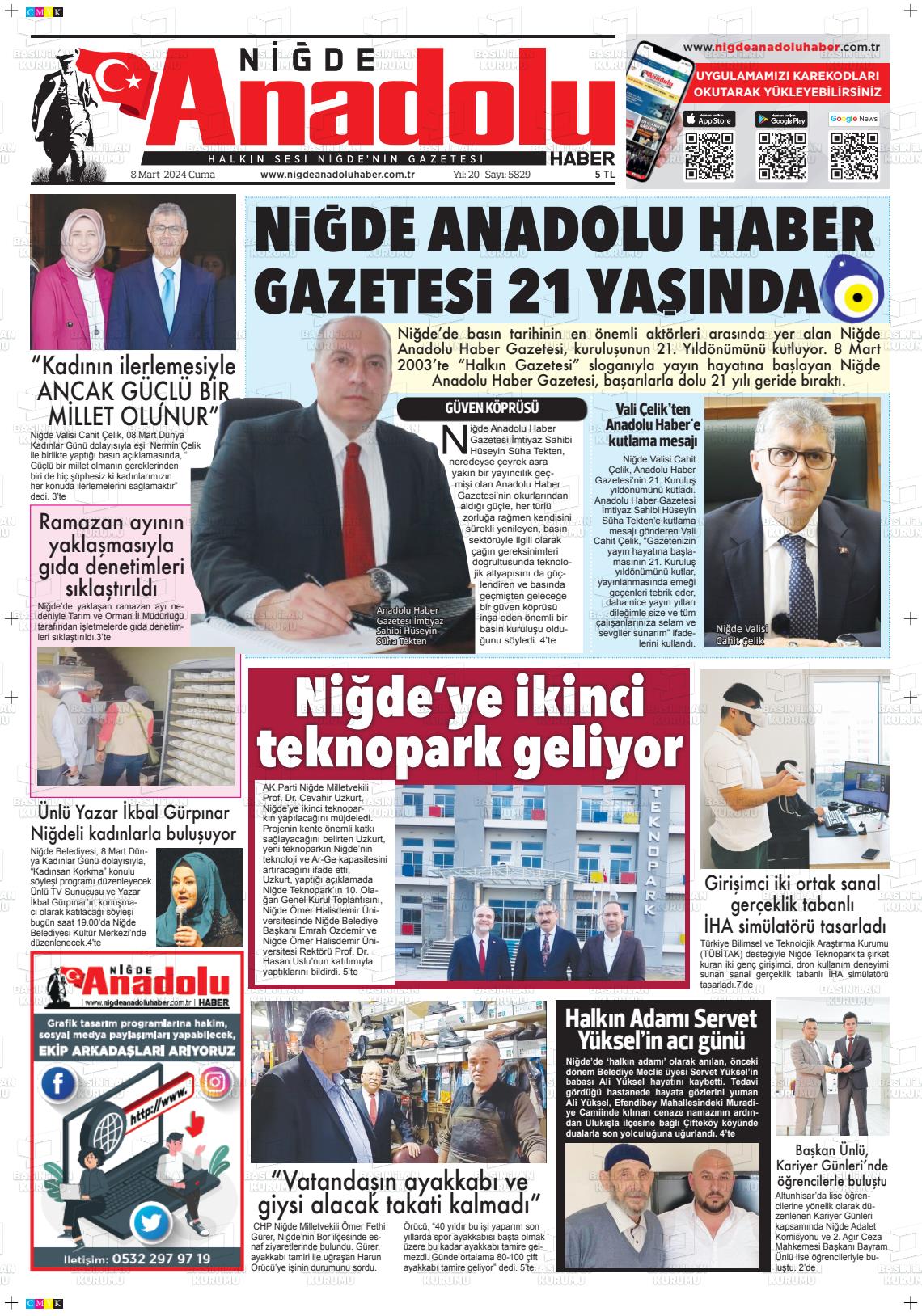 08 Mart 2024 Niğde Anadolu Haber Gazete Manşeti