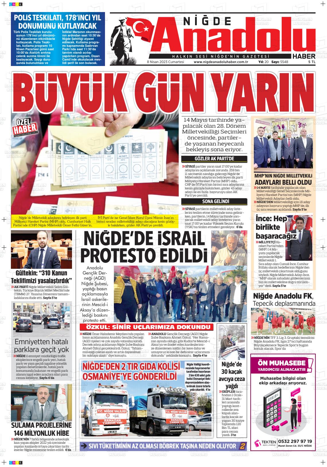 08 Nisan 2023 Niğde Anadolu Haber Gazete Manşeti