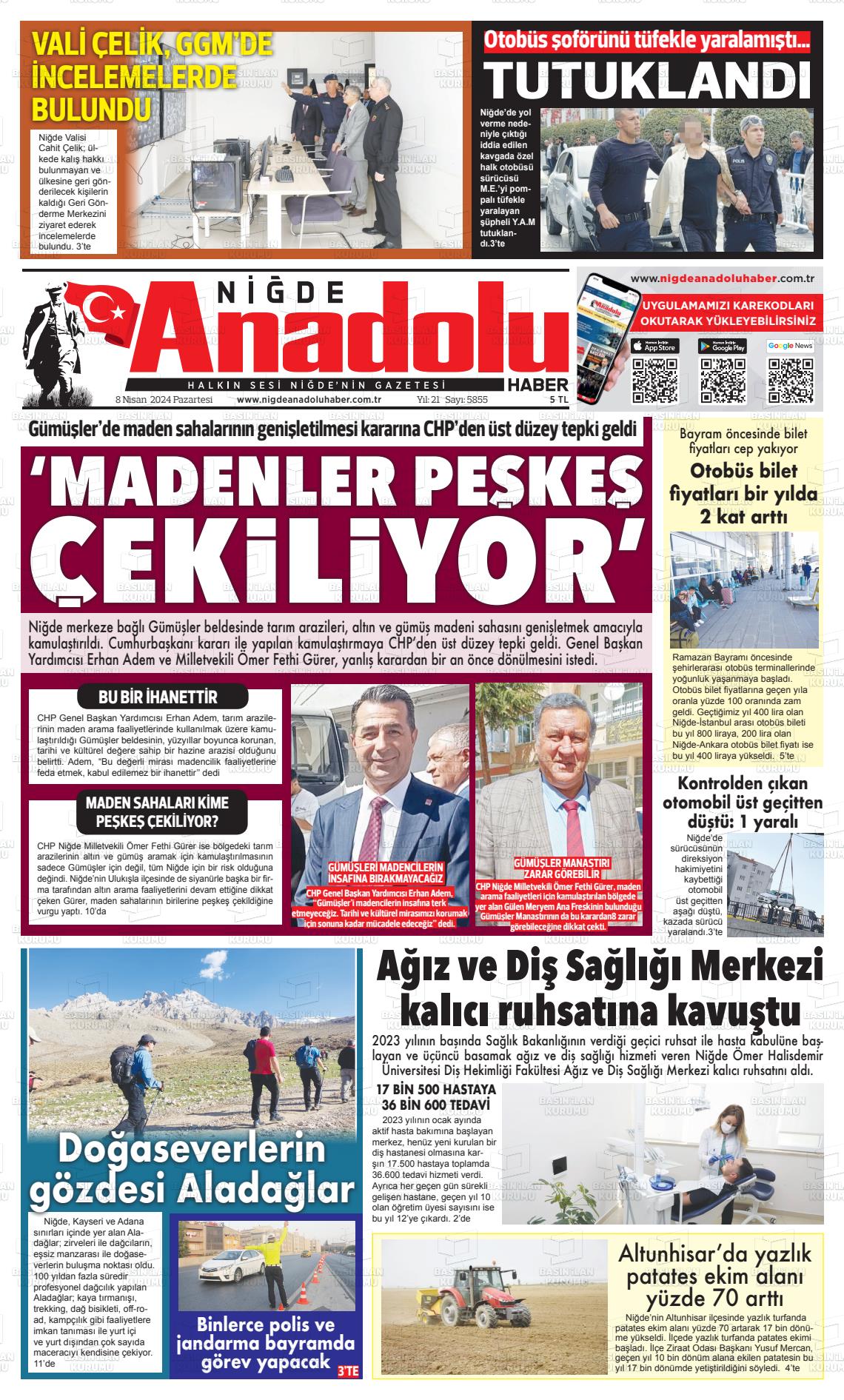 08 Nisan 2024 Niğde Anadolu Haber Gazete Manşeti