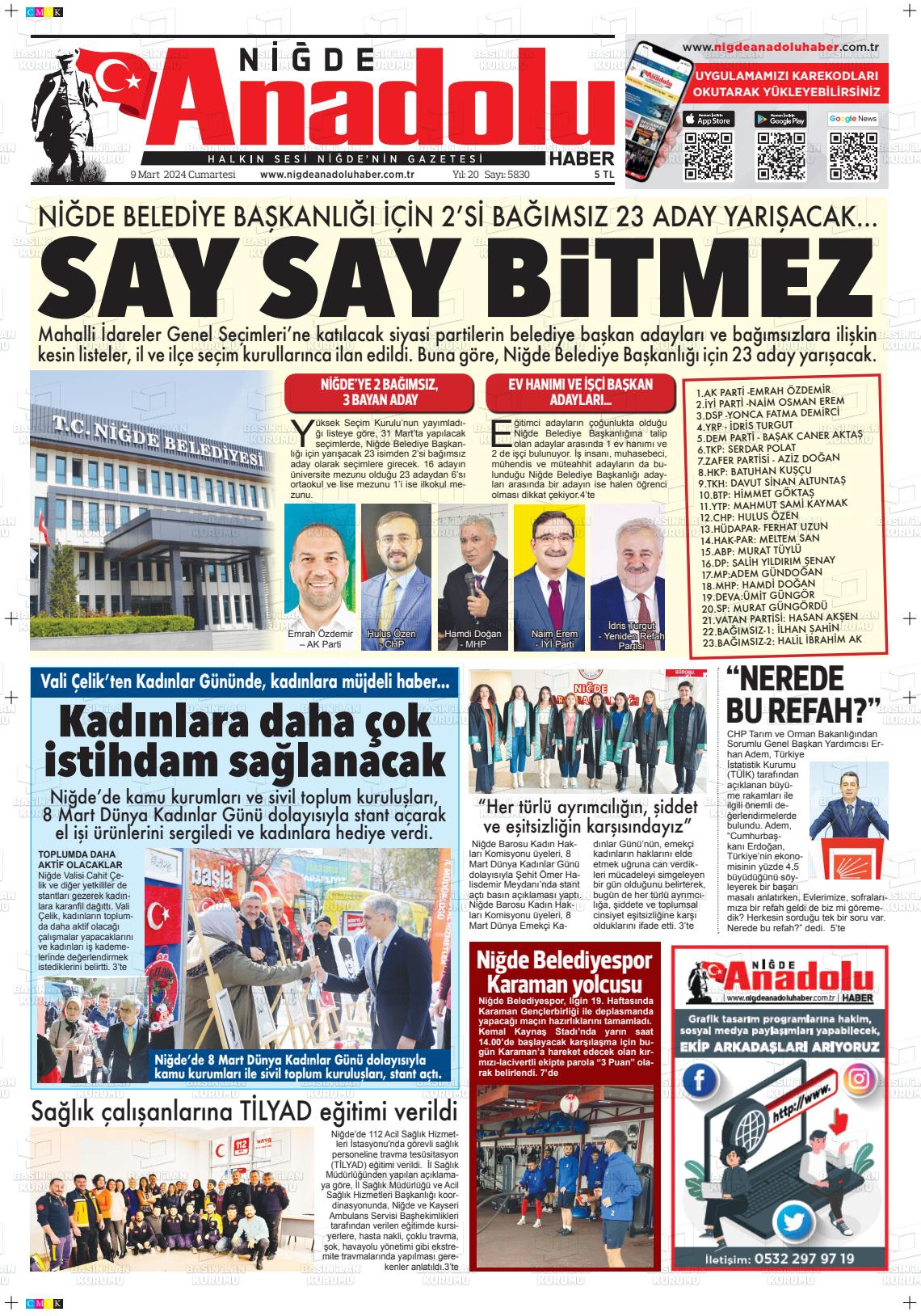 09 Mart 2024 Niğde Anadolu Haber Gazete Manşeti