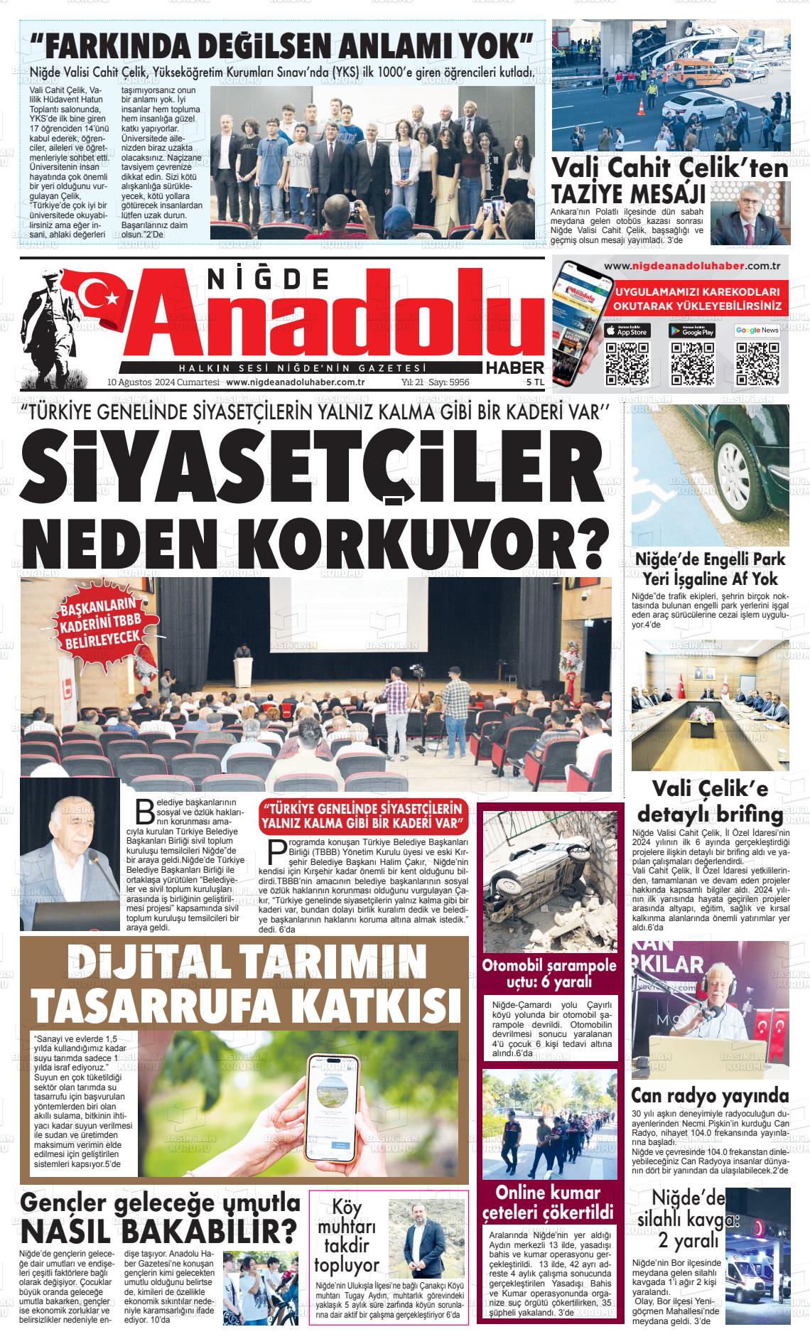 10 Ağustos 2024 Niğde Anadolu Haber Gazete Manşeti