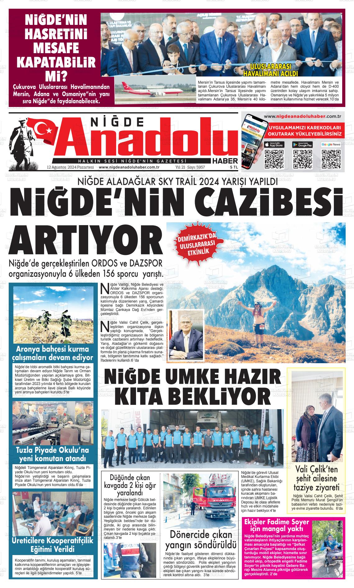 12 Ağustos 2024 Niğde Anadolu Haber Gazete Manşeti