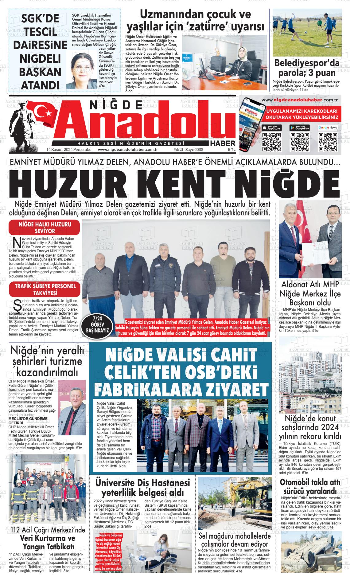 14 Kasım 2024 Niğde Anadolu Haber Gazete Manşeti