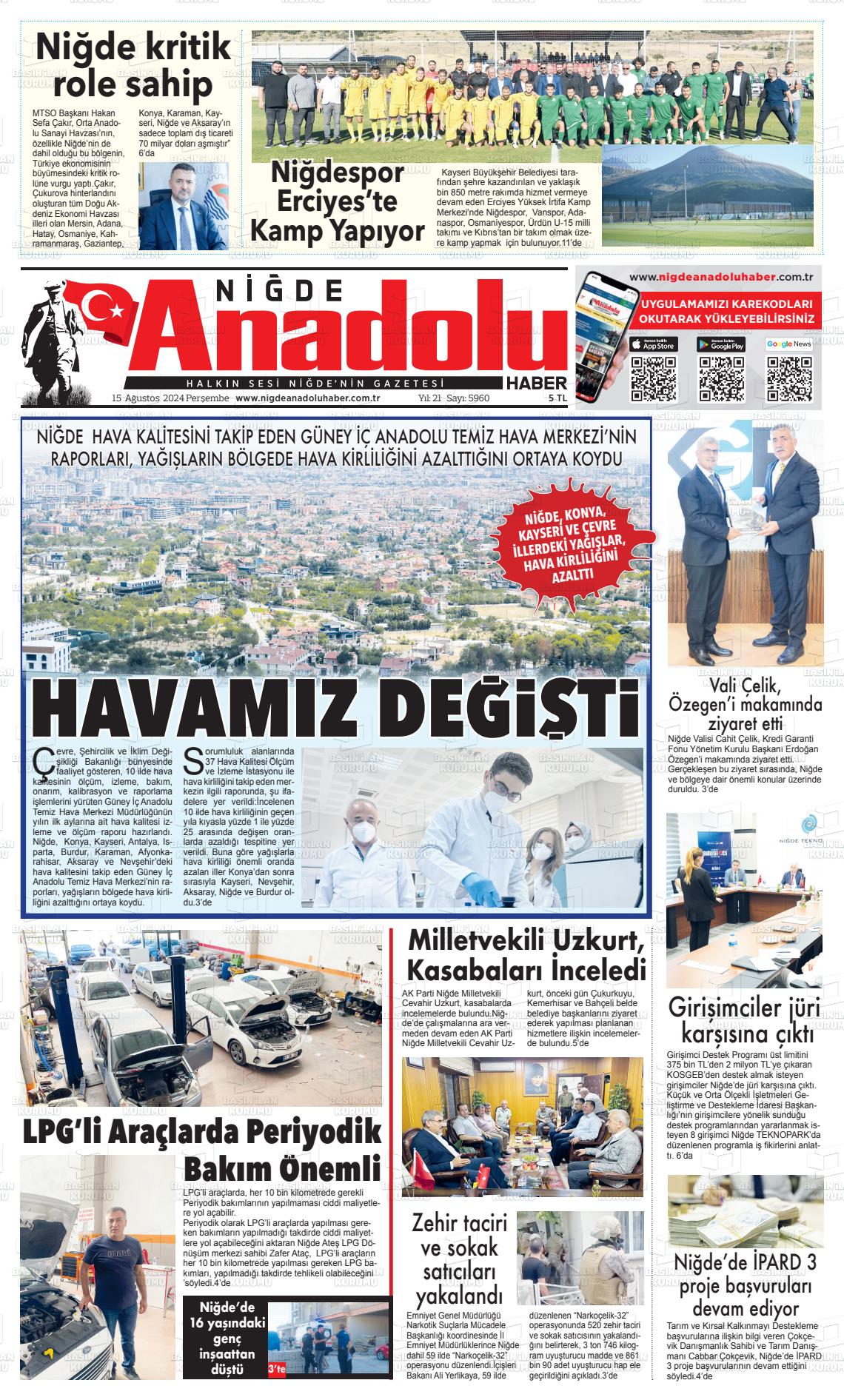 15 Ağustos 2024 Niğde Anadolu Haber Gazete Manşeti