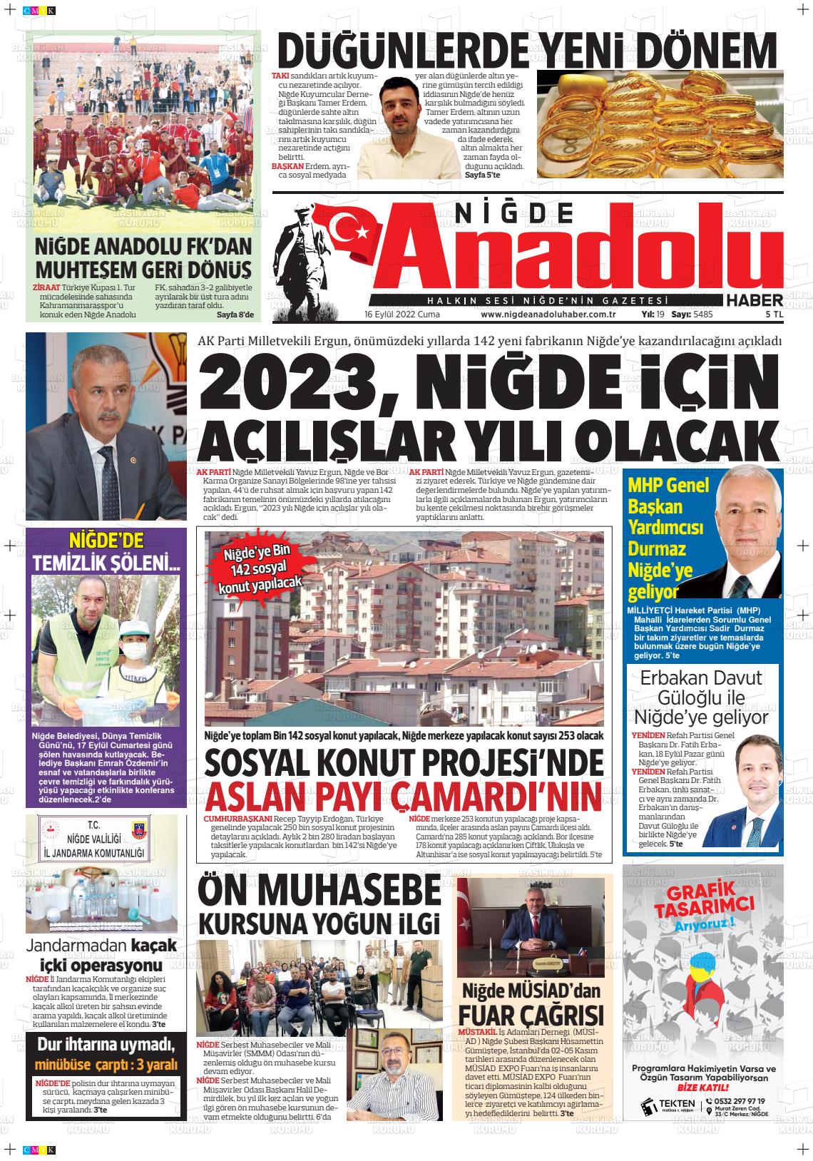 16 Eylül 2022 Niğde Anadolu Haber Gazete Manşeti