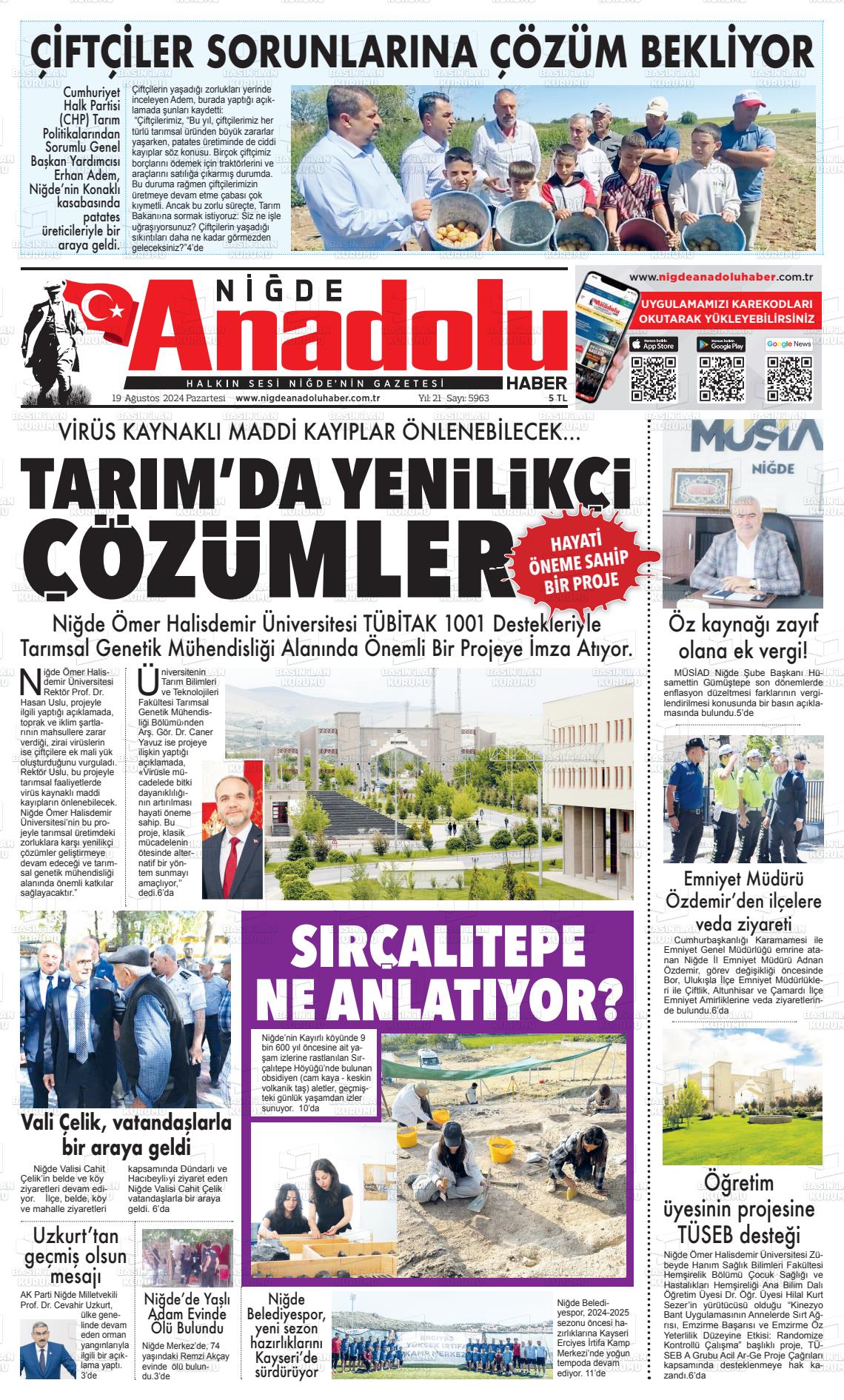 19 Ağustos 2024 Niğde Anadolu Haber Gazete Manşeti