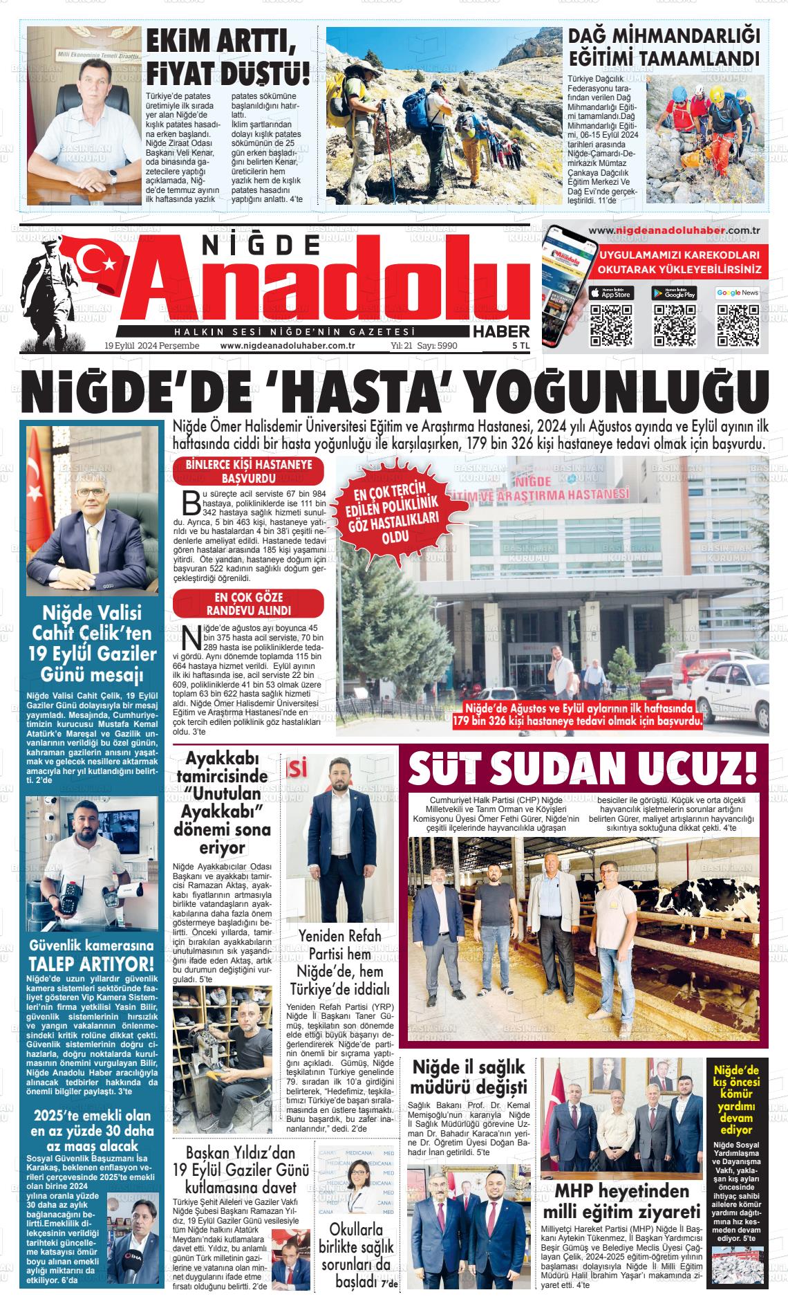 19 Eylül 2024 Niğde Anadolu Haber Gazete Manşeti