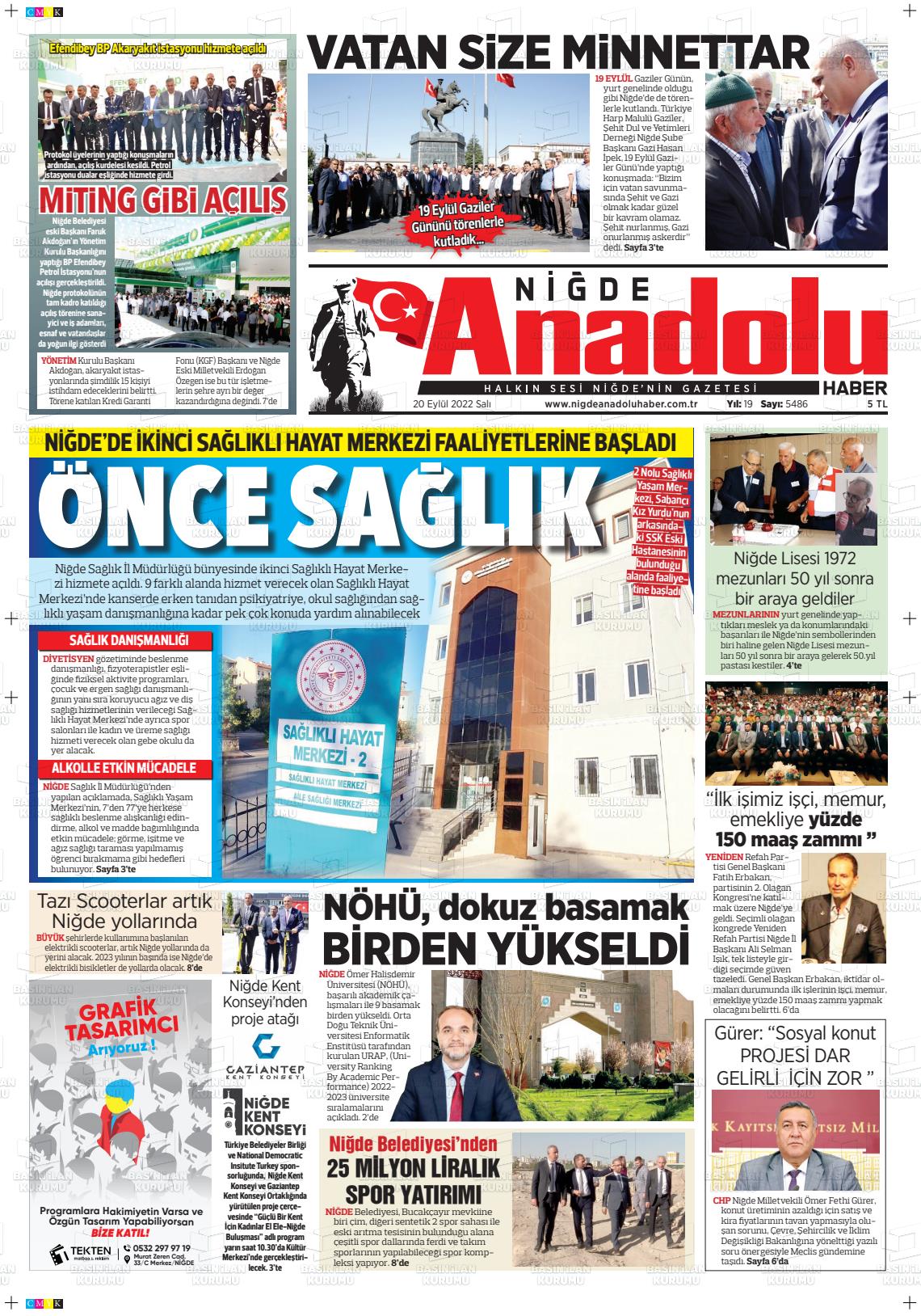 20 Eylül 2022 Niğde Anadolu Haber Gazete Manşeti