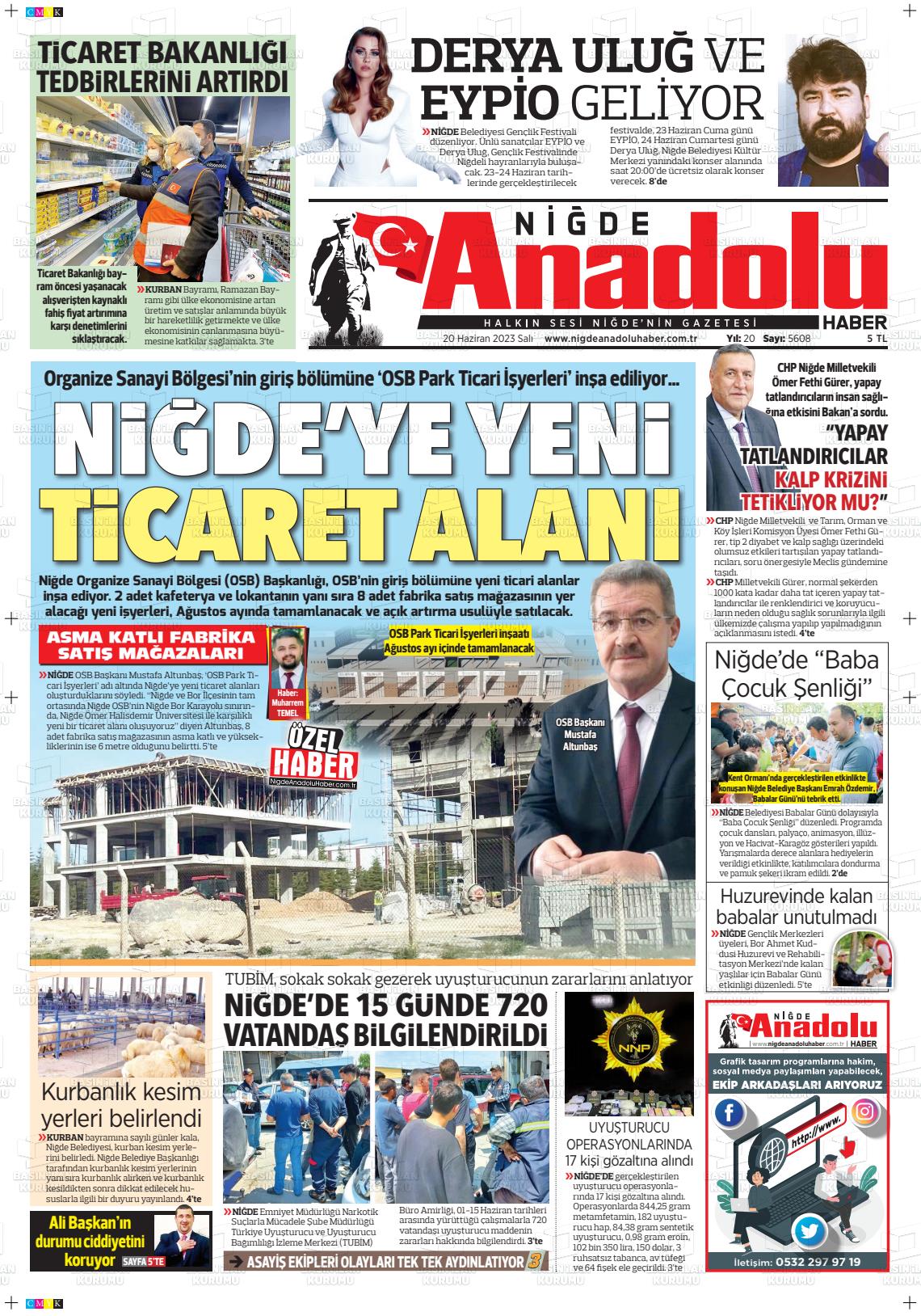 20 Haziran 2023 Niğde Anadolu Haber Gazete Manşeti