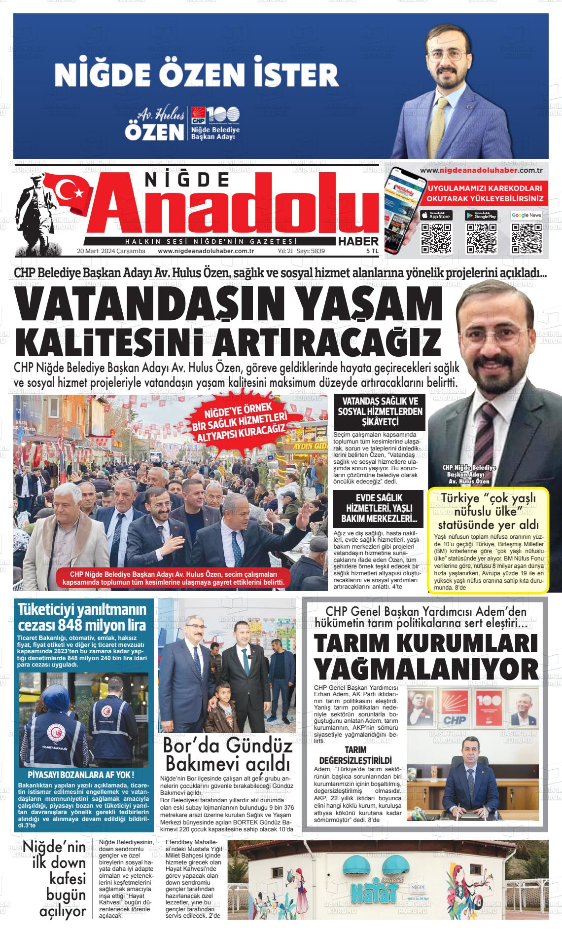 20 Mart 2024 Niğde Anadolu Haber Gazete Manşeti