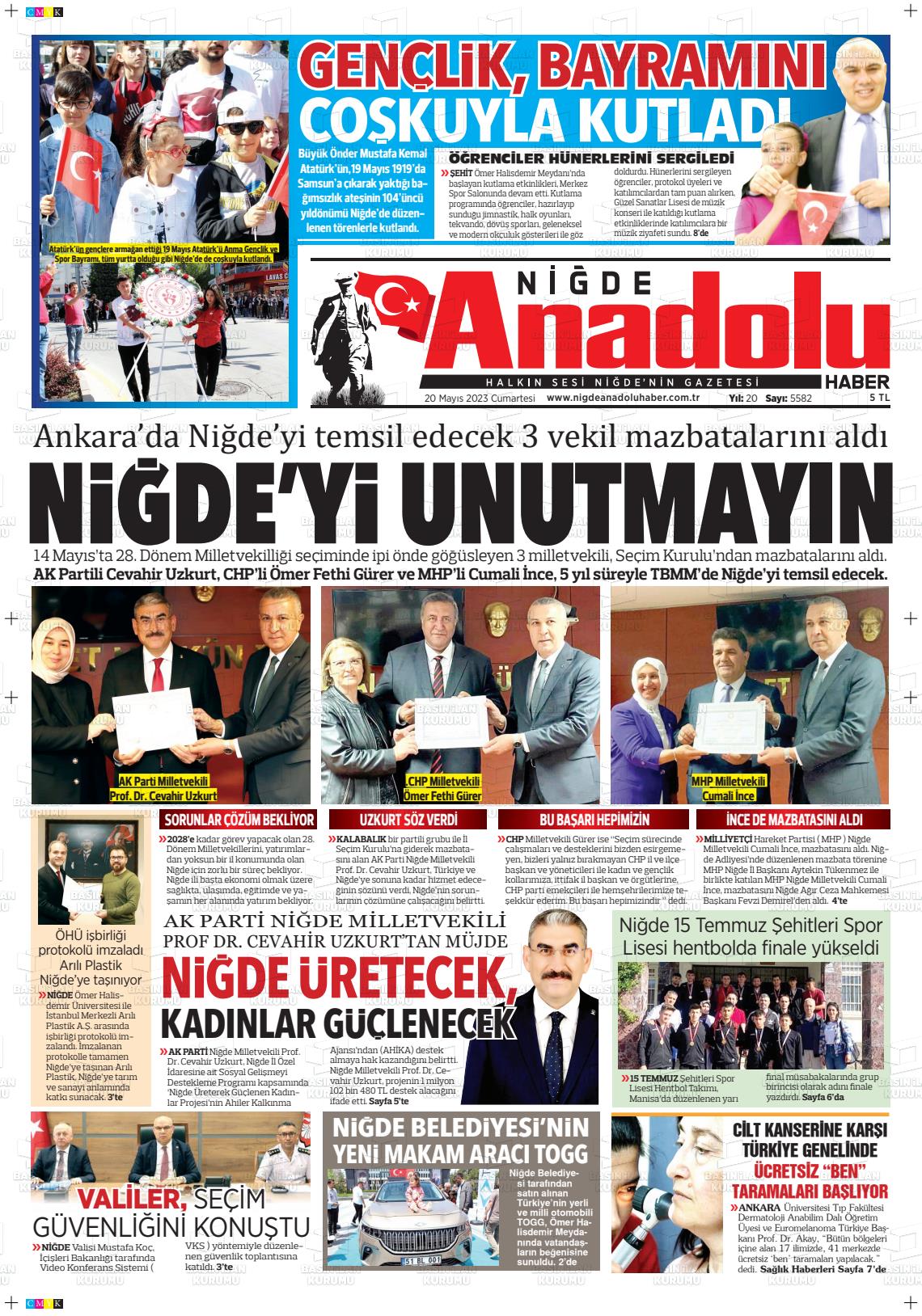 20 Mayıs 2023 Niğde Anadolu Haber Gazete Manşeti