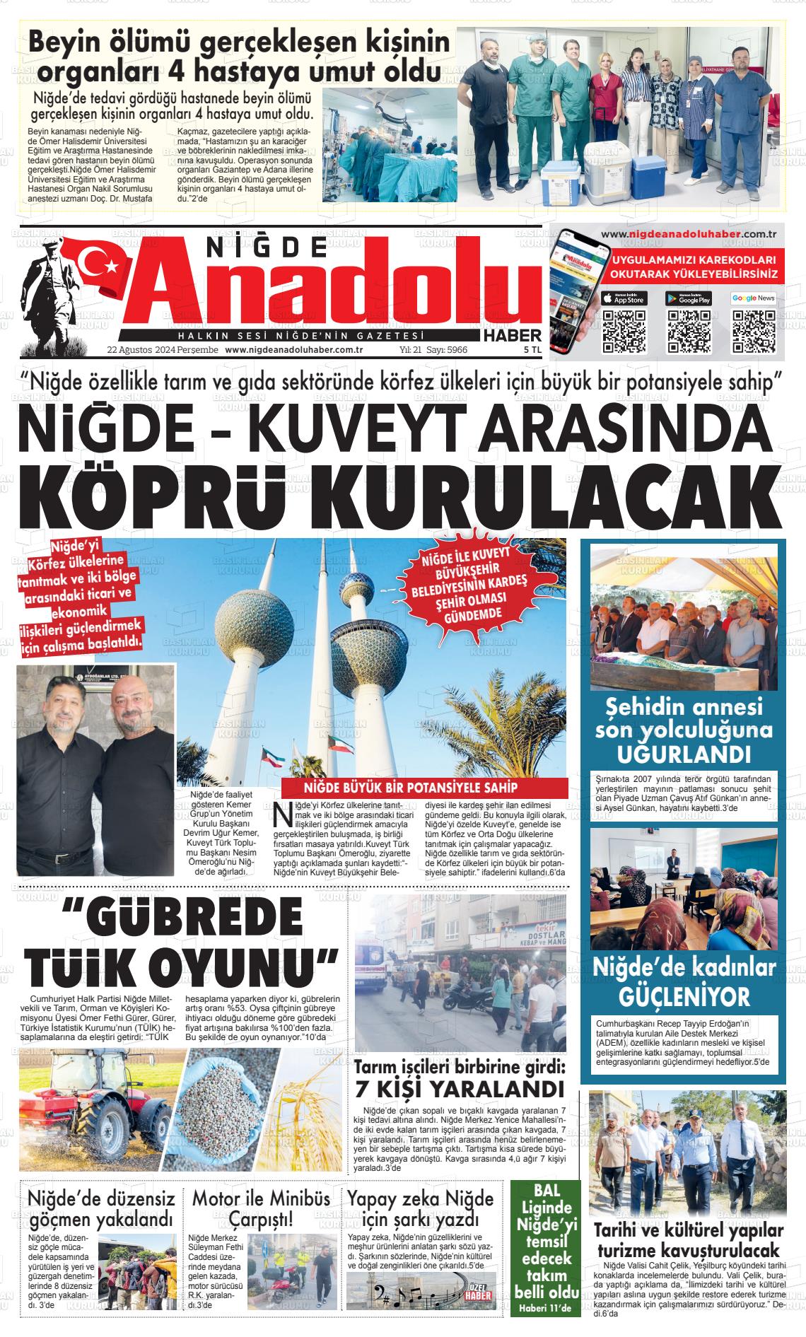 22 Ağustos 2024 Niğde Anadolu Haber Gazete Manşeti