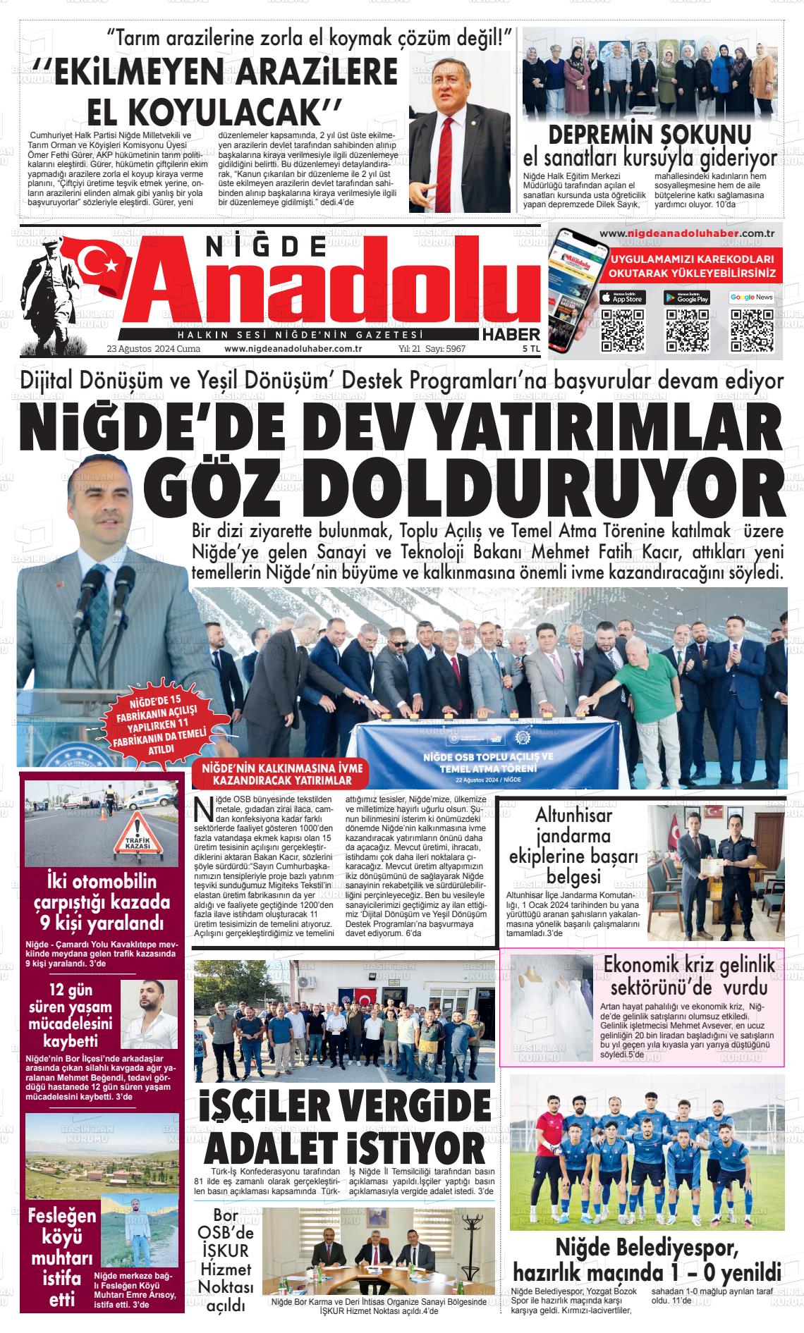 23 Ağustos 2024 Niğde Anadolu Haber Gazete Manşeti