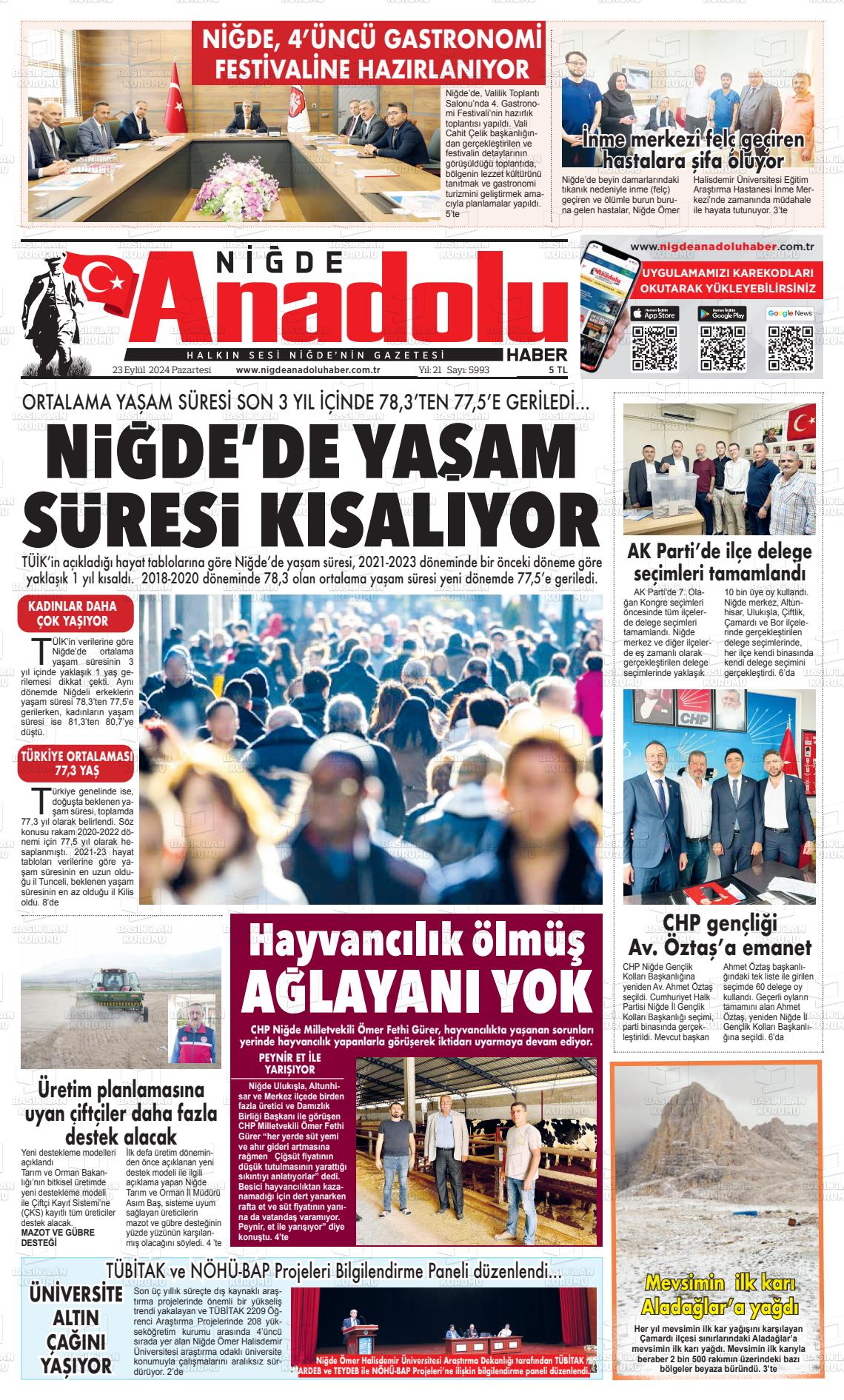 23 Eylül 2024 Niğde Anadolu Haber Gazete Manşeti