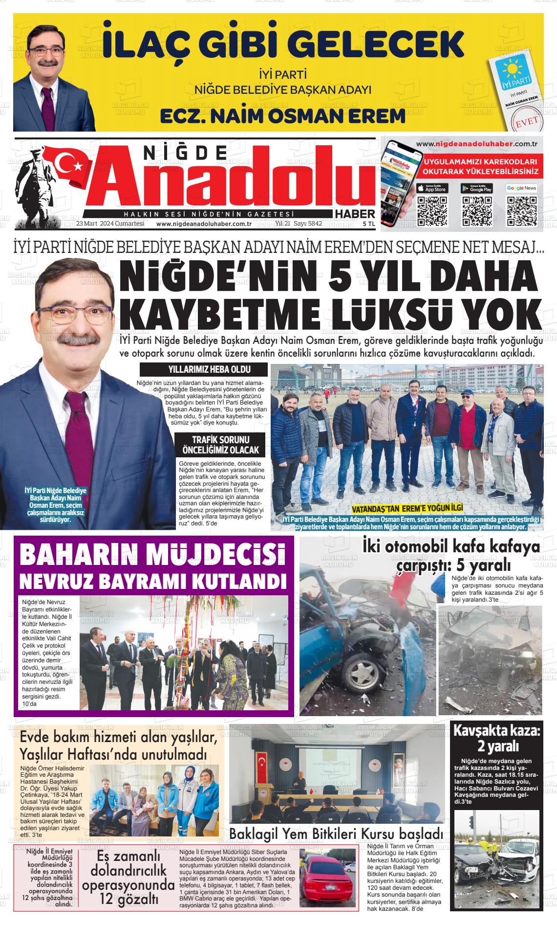 23 Mart 2024 Niğde Anadolu Haber Gazete Manşeti