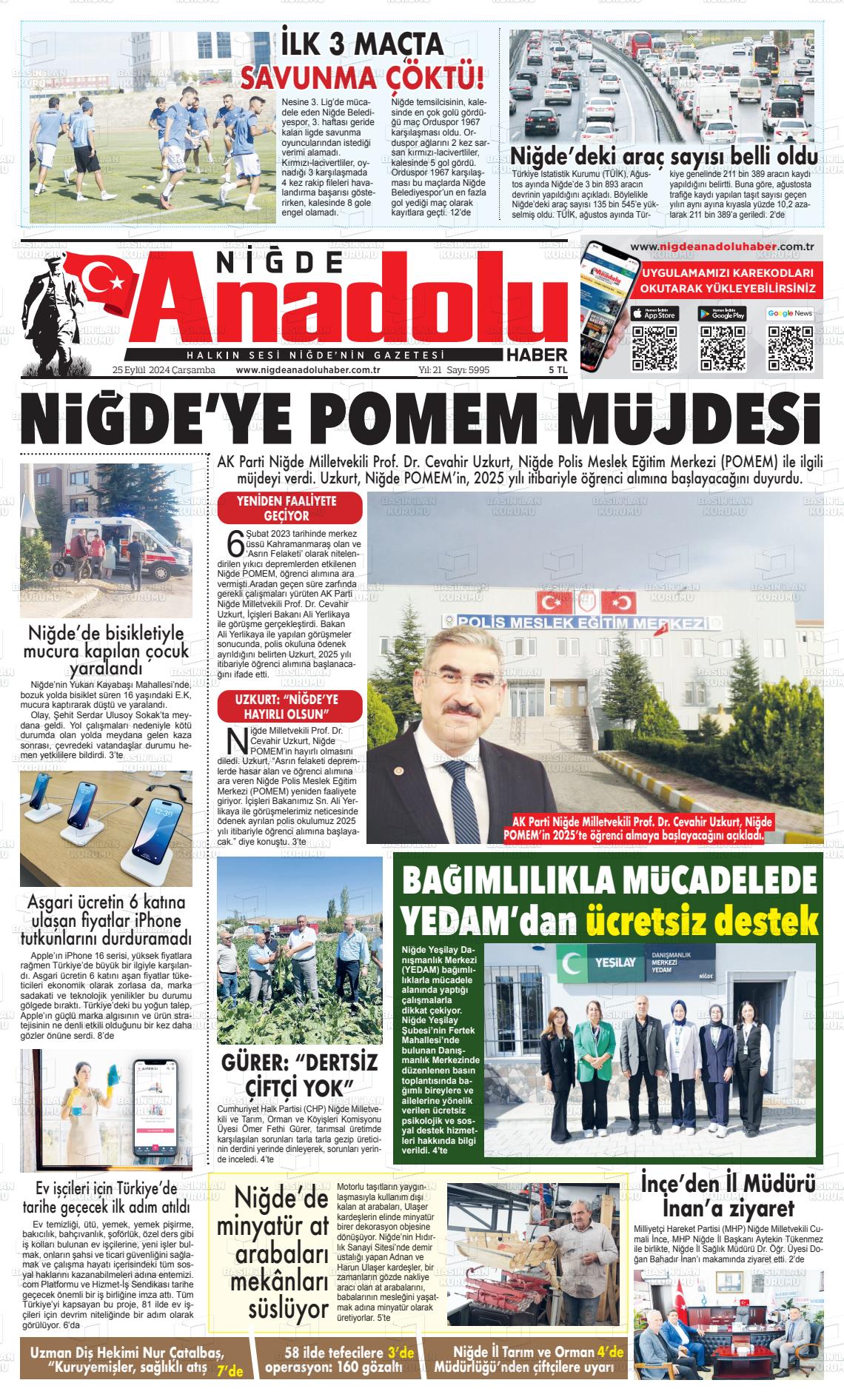 25 Eylül 2024 Niğde Anadolu Haber Gazete Manşeti