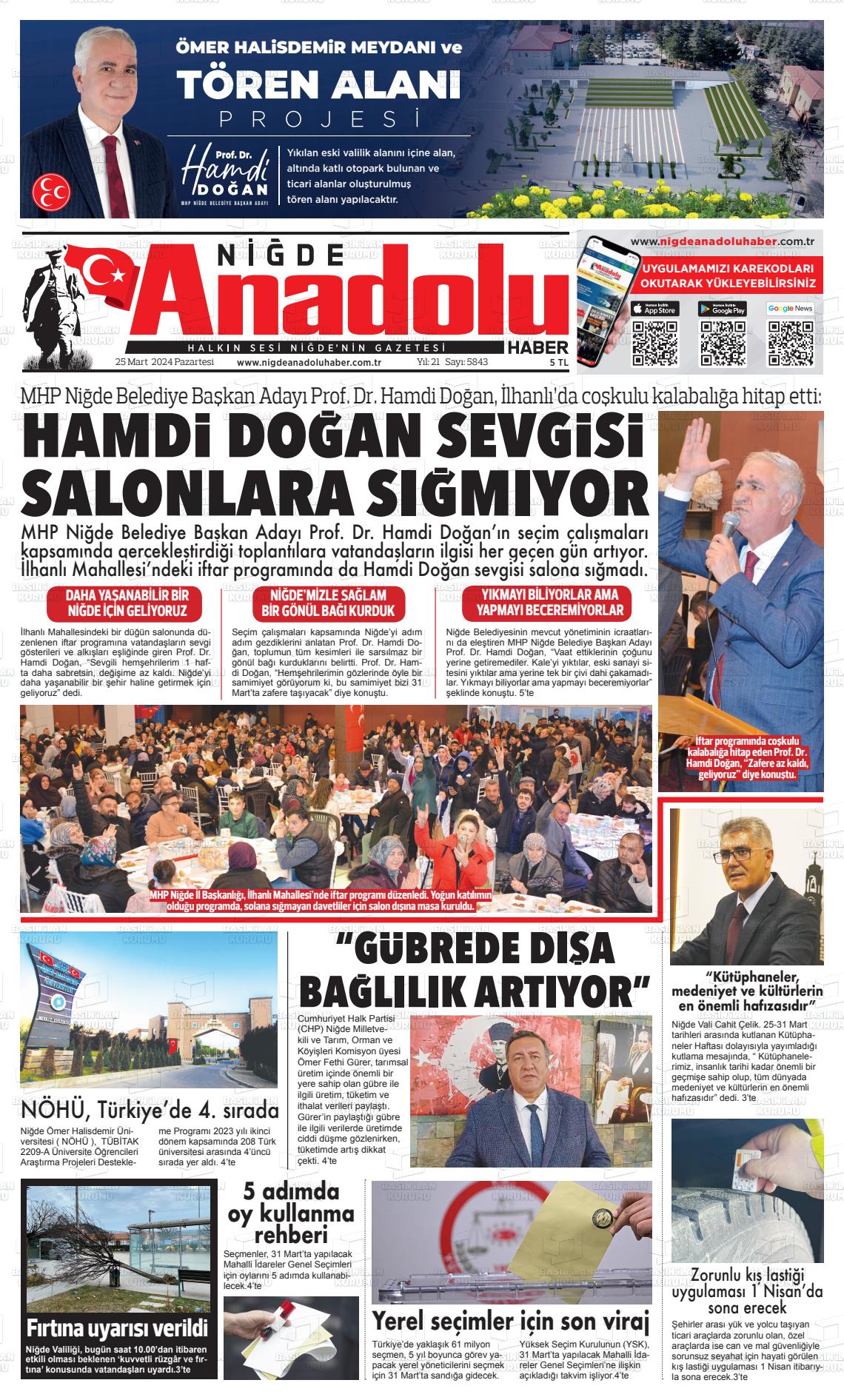 25 Mart 2024 Niğde Anadolu Haber Gazete Manşeti