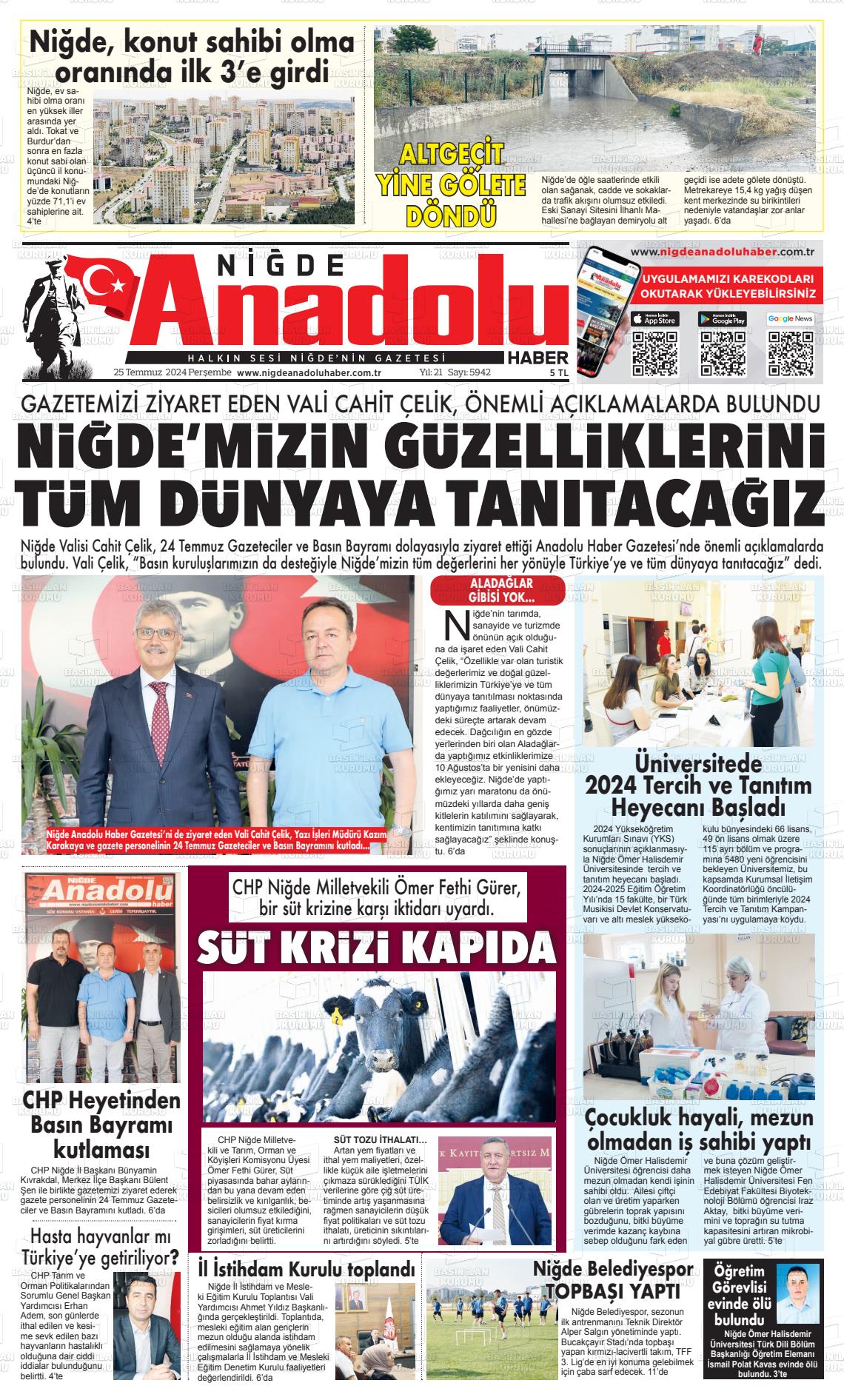 25 Temmuz 2024 Niğde Anadolu Haber Gazete Manşeti