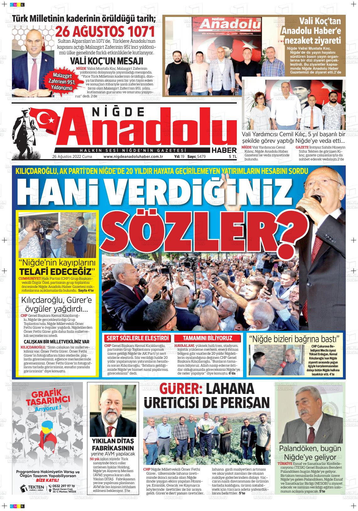 26 Ağustos 2022 Niğde Anadolu Haber Gazete Manşeti