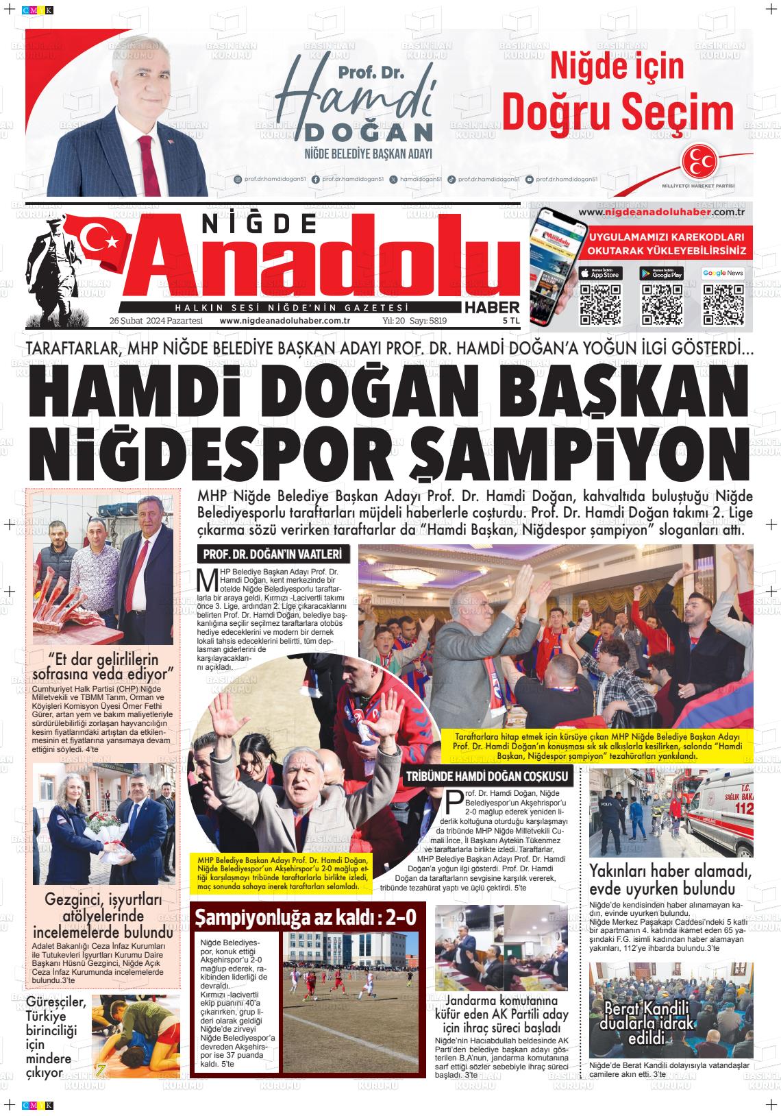 26 Şubat 2024 Niğde Anadolu Haber Gazete Manşeti