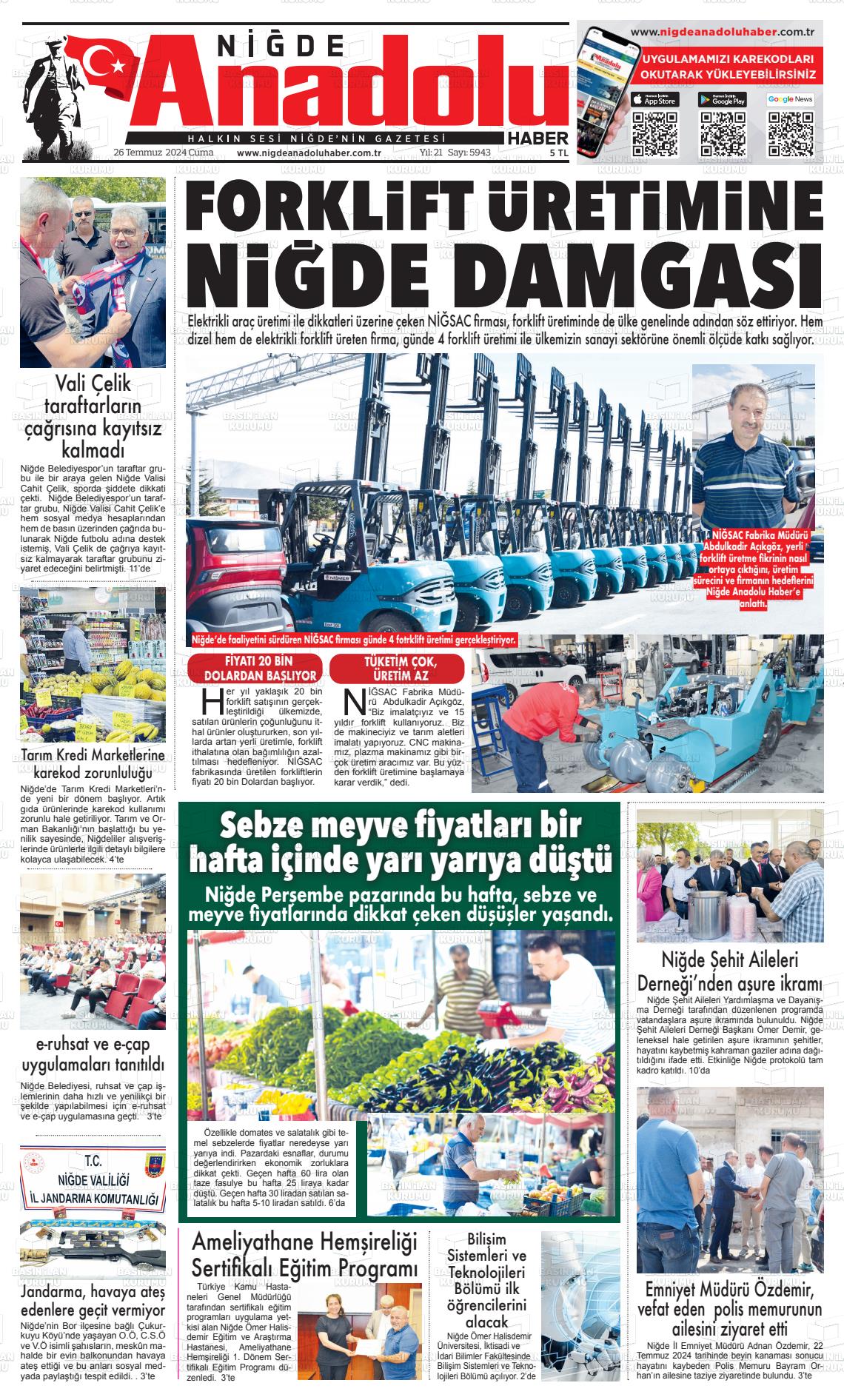 27 Temmuz 2024 Niğde Anadolu Haber Gazete Manşeti