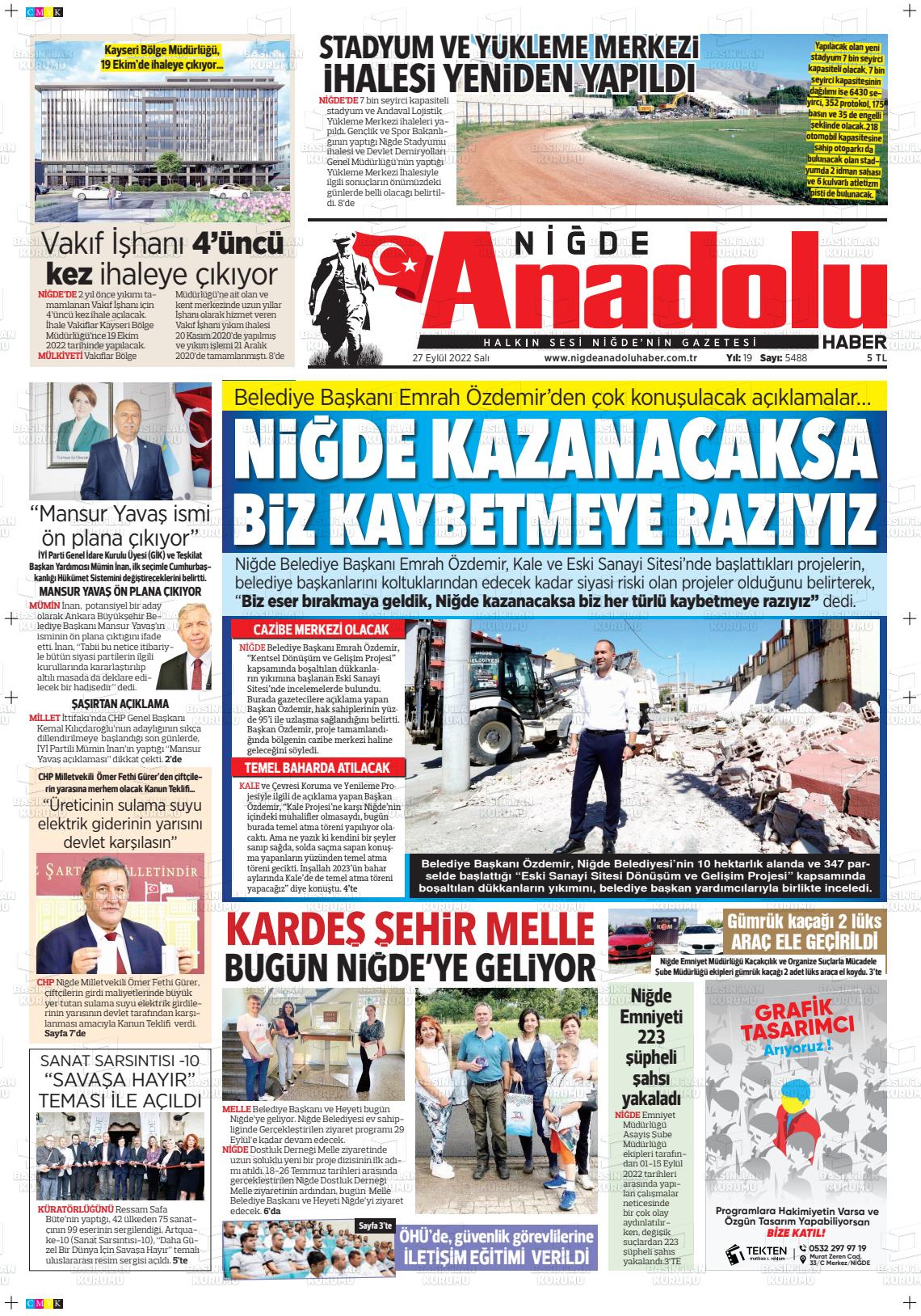 27 Eylül 2022 Niğde Anadolu Haber Gazete Manşeti