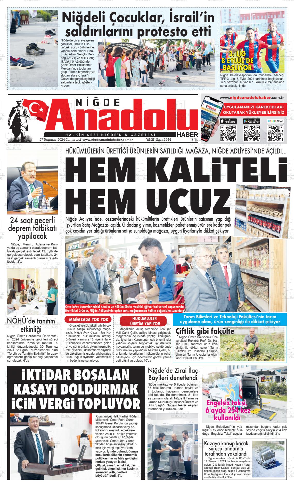 27 Temmuz 2024 Niğde Anadolu Haber Gazete Manşeti