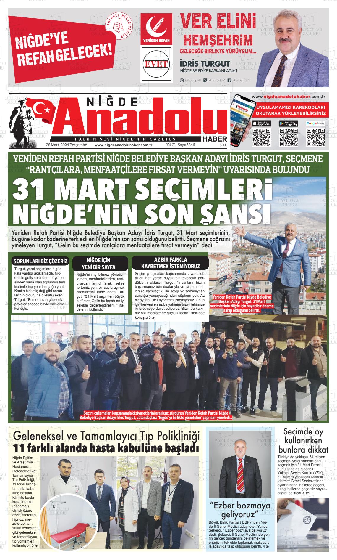 28 Mart 2024 Niğde Anadolu Haber Gazete Manşeti