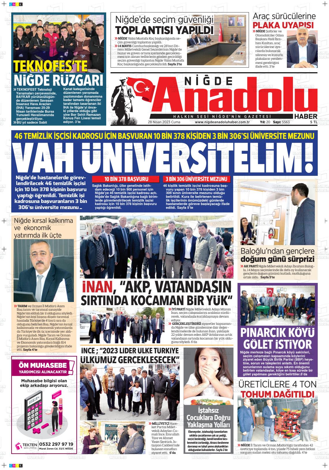 28 Nisan 2023 Niğde Anadolu Haber Gazete Manşeti