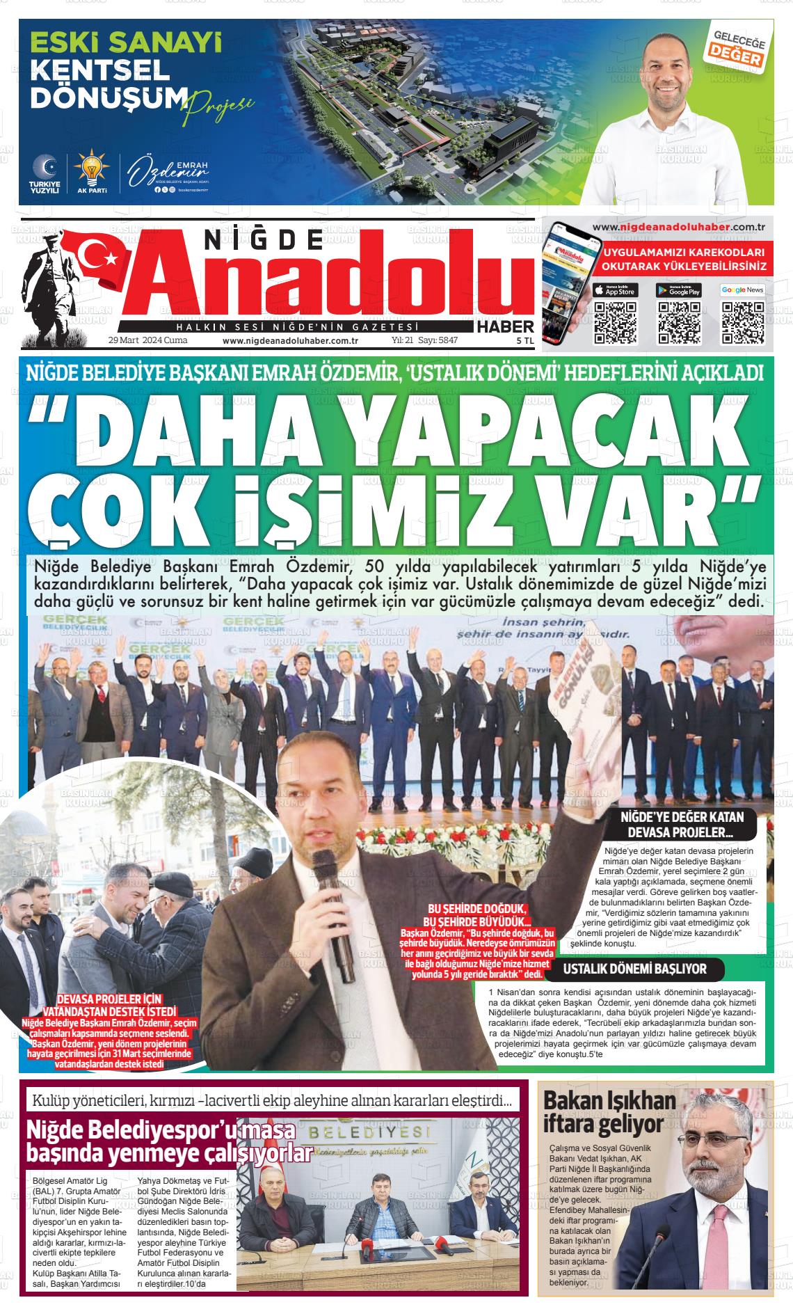 29 Mart 2024 Niğde Anadolu Haber Gazete Manşeti