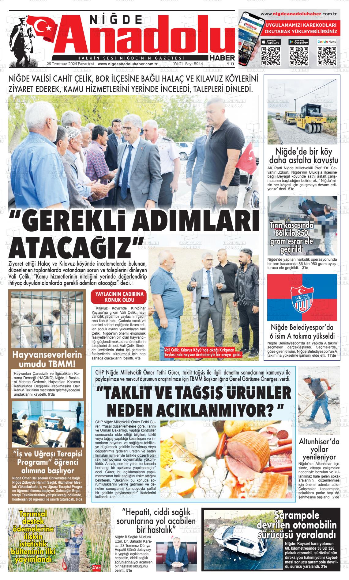 29 Temmuz 2024 Niğde Anadolu Haber Gazete Manşeti