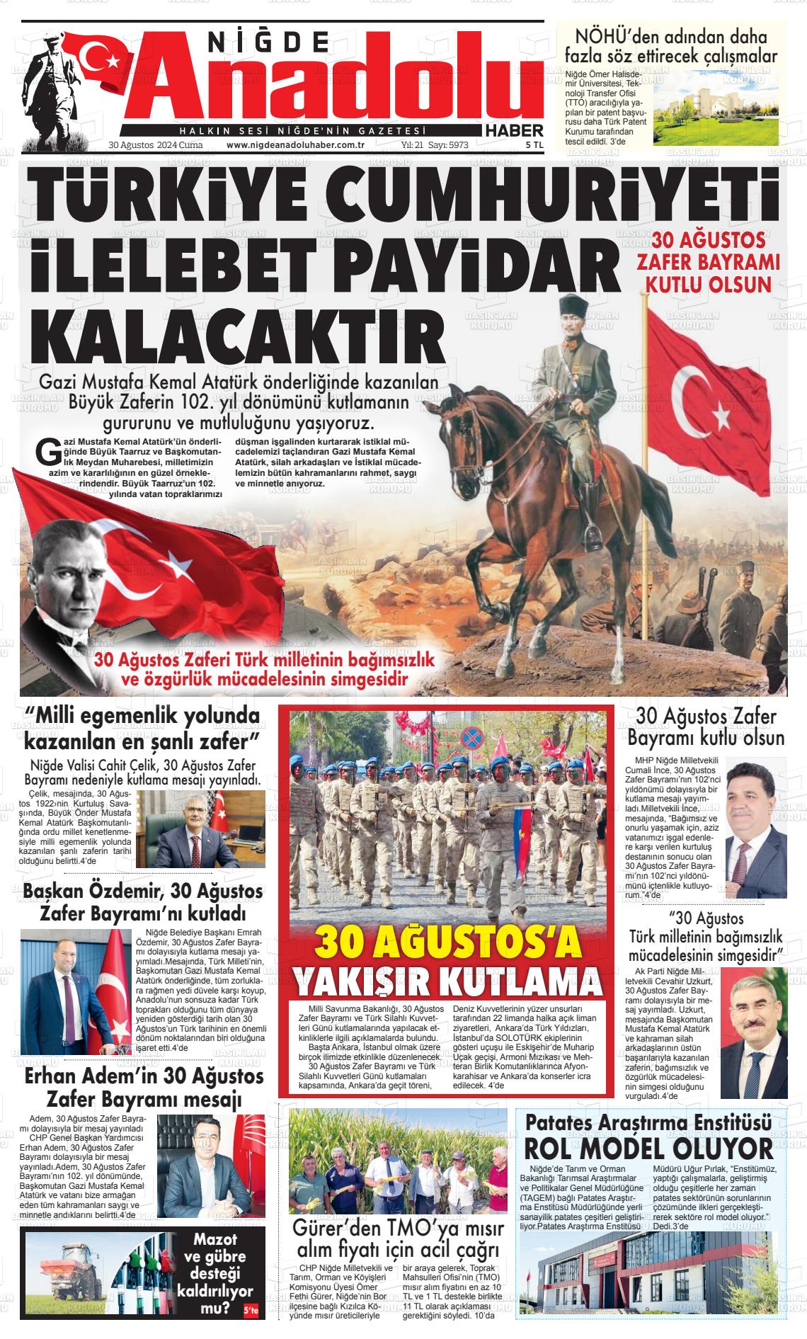 30 Ağustos 2024 Niğde Anadolu Haber Gazete Manşeti