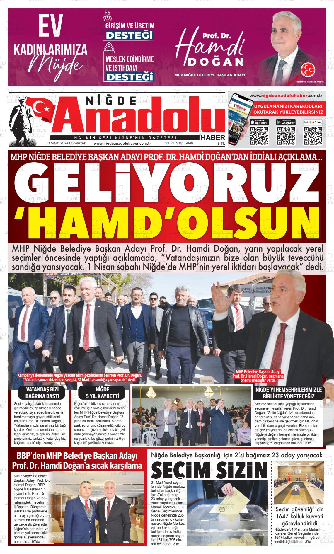 30 Mart 2024 Niğde Anadolu Haber Gazete Manşeti